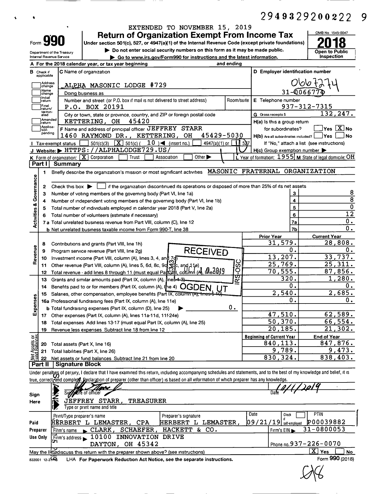 Image of first page of 2018 Form 990O for Free & Accepted Masons of Ohio - 729 Alpha Lodge