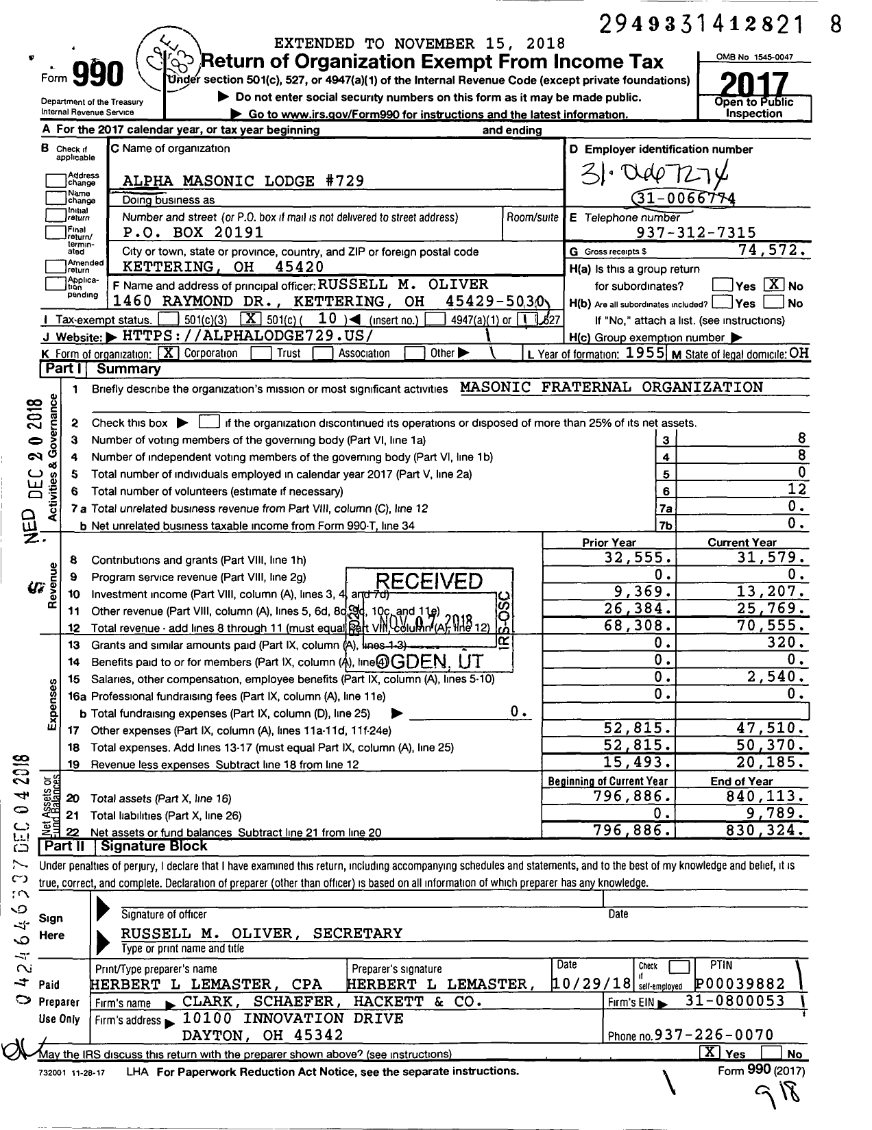 Image of first page of 2017 Form 990O for Free & Accepted Masons of Ohio - 729 Alpha Lodge