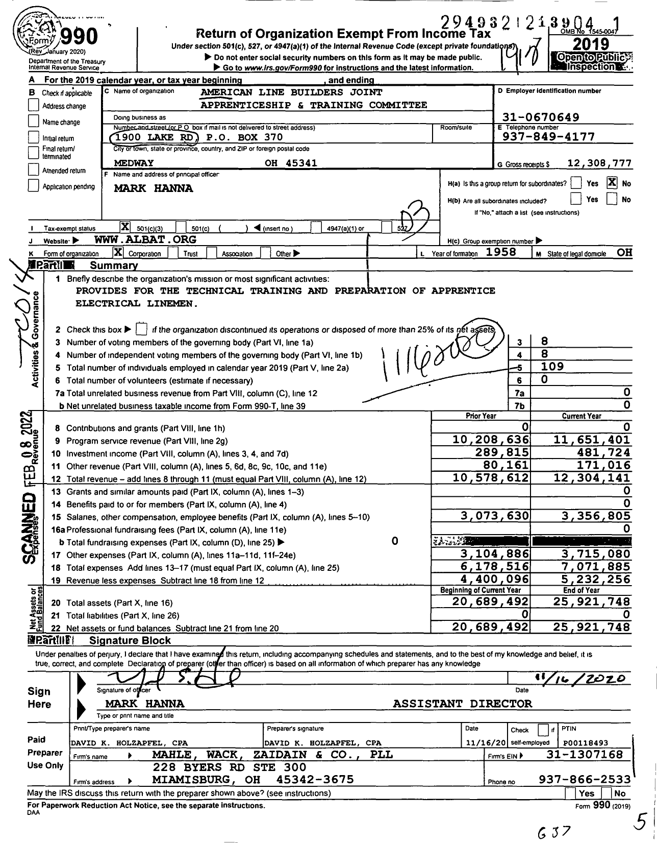 Image of first page of 2019 Form 990 for American Line Builders Apprenticeship Training (ALBAT)