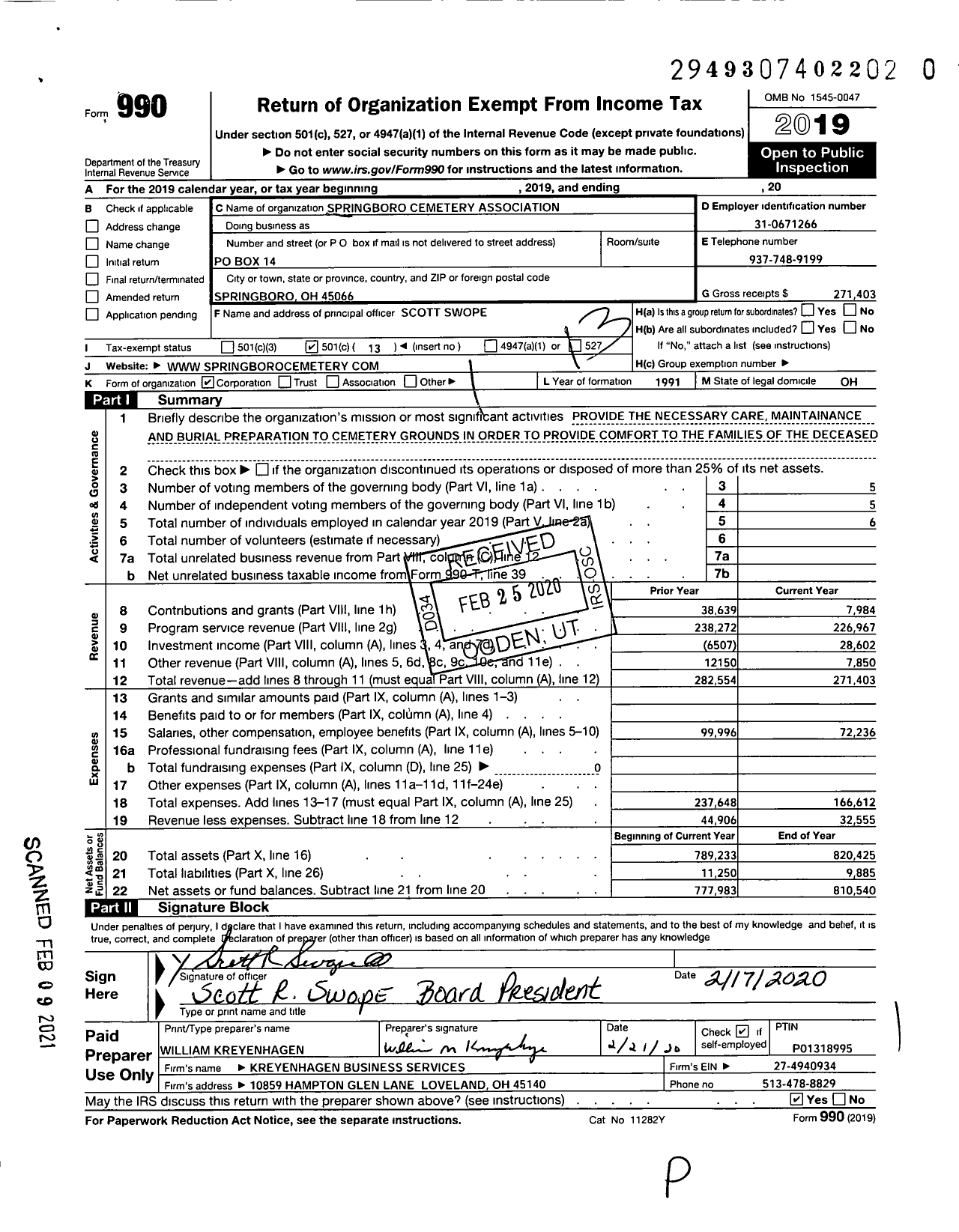 Image of first page of 2019 Form 990O for Springboro Cemetery