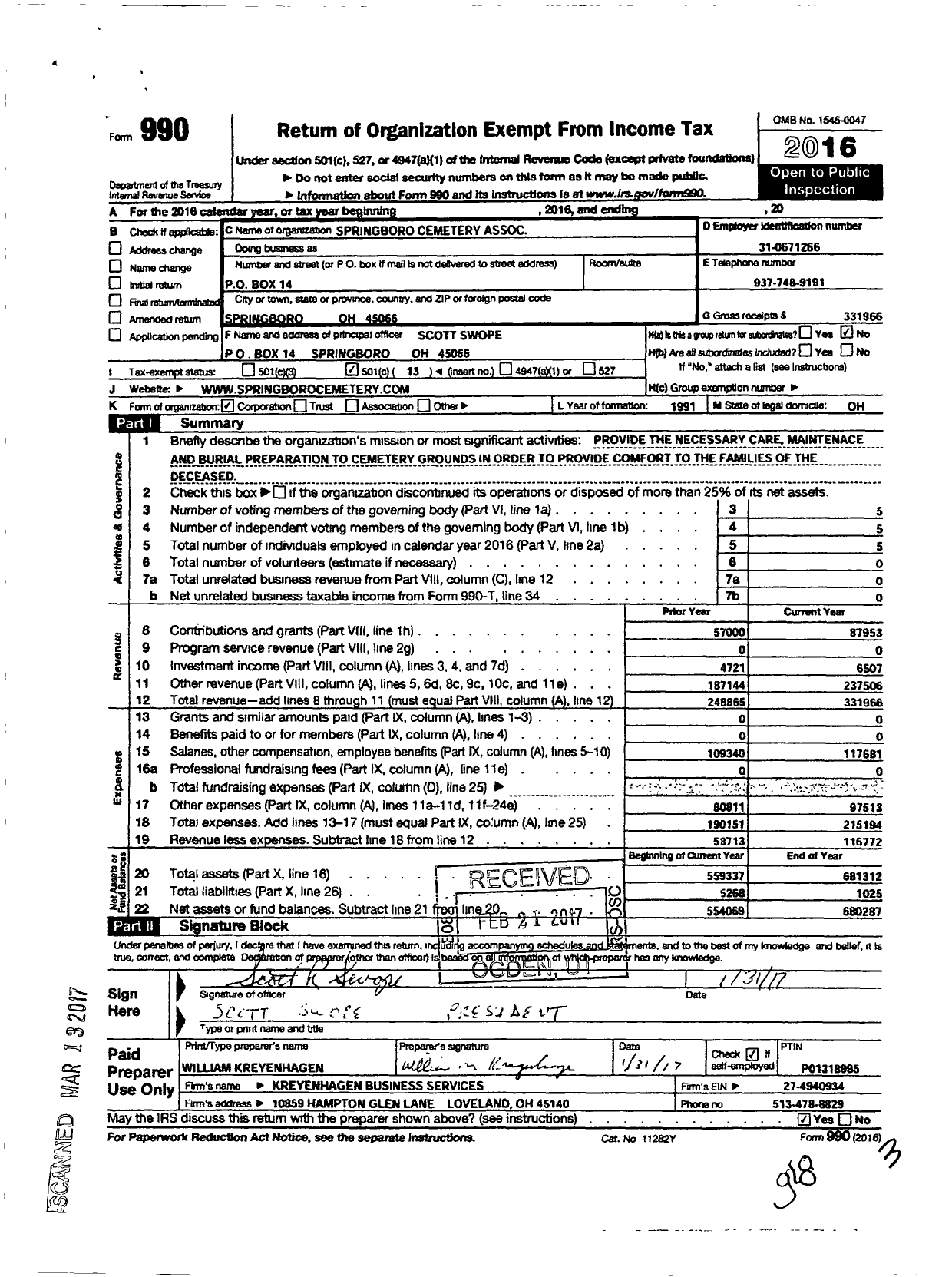 Image of first page of 2016 Form 990O for Springboro Cemetery