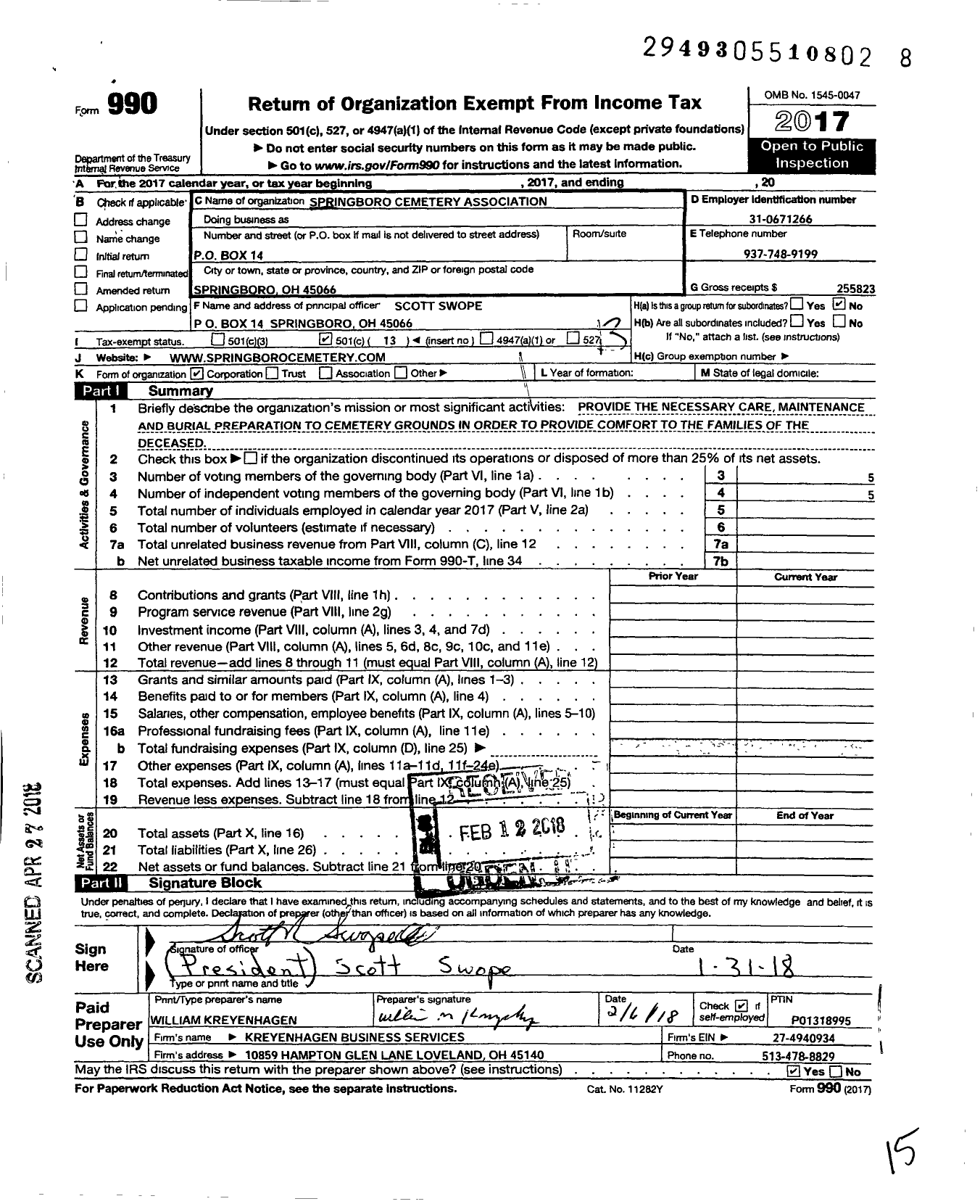 Image of first page of 2017 Form 990O for Springboro Cemetery