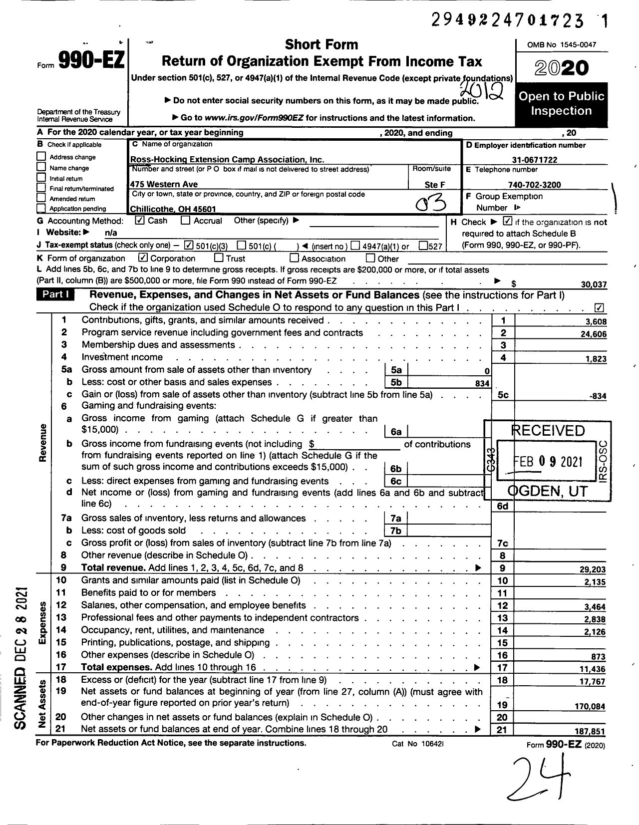 Image of first page of 2020 Form 990EZ for Ross-Hocking Extension Camp Association