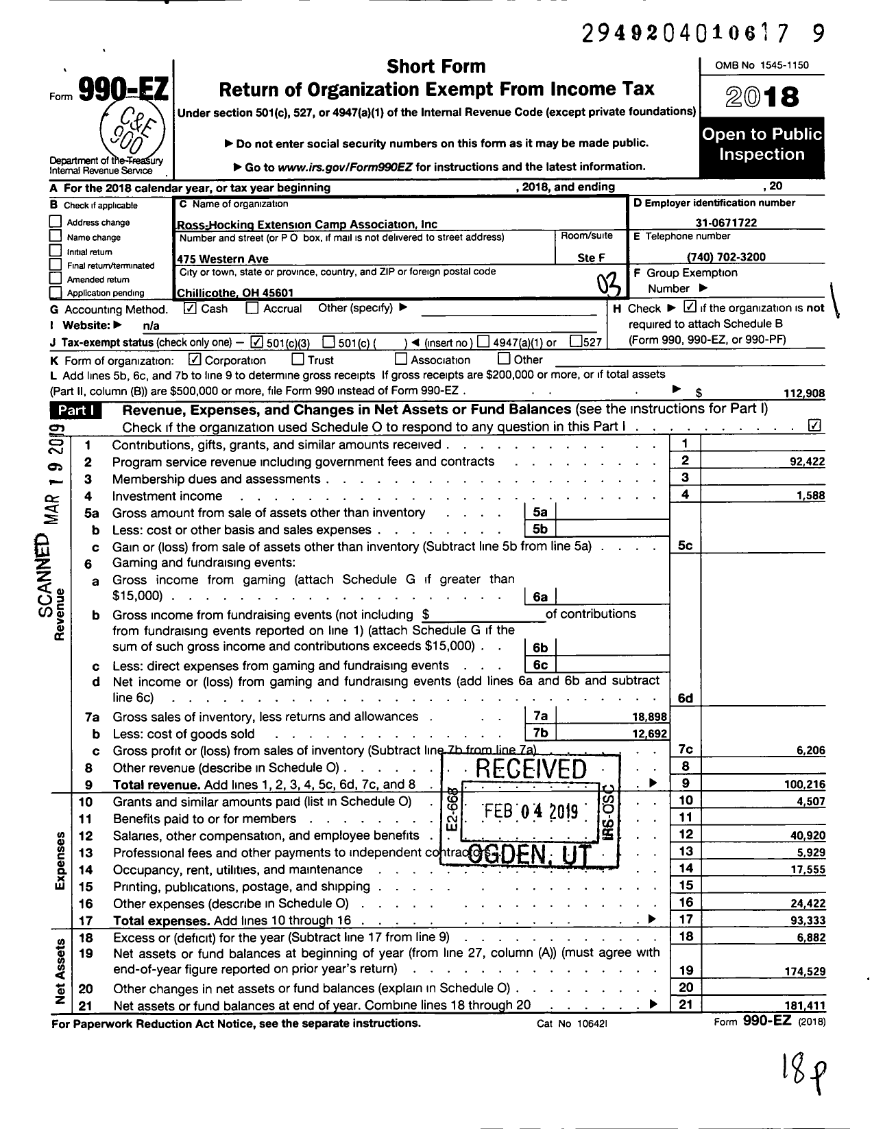 Image of first page of 2018 Form 990EZ for Ross-Hocking Extension Camp Association