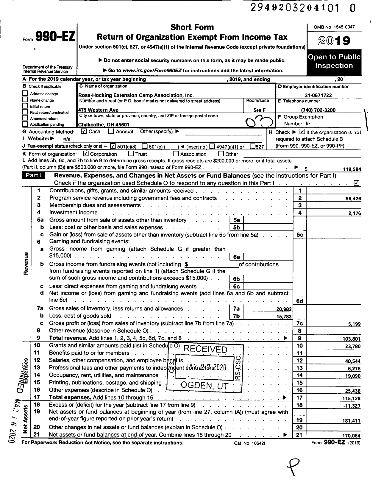 Image of first page of 2019 Form 990EZ for Ross-Hocking Extension Camp Association