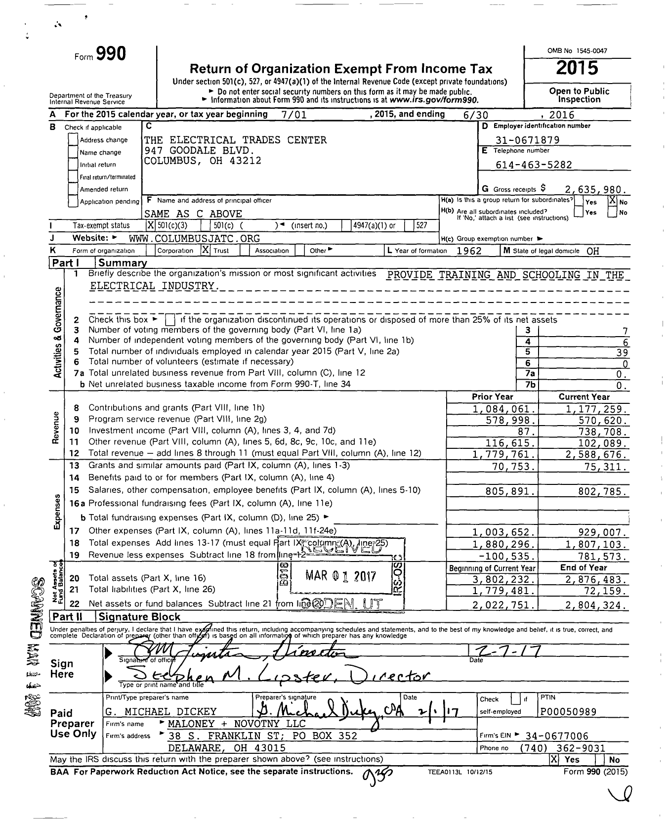 Image of first page of 2015 Form 990 for The Electrical Trades Center of Central Ohio