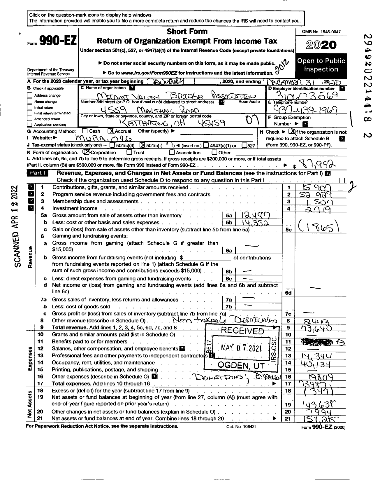 Image of first page of 2020 Form 990EO for Miami Valley Bridge Association