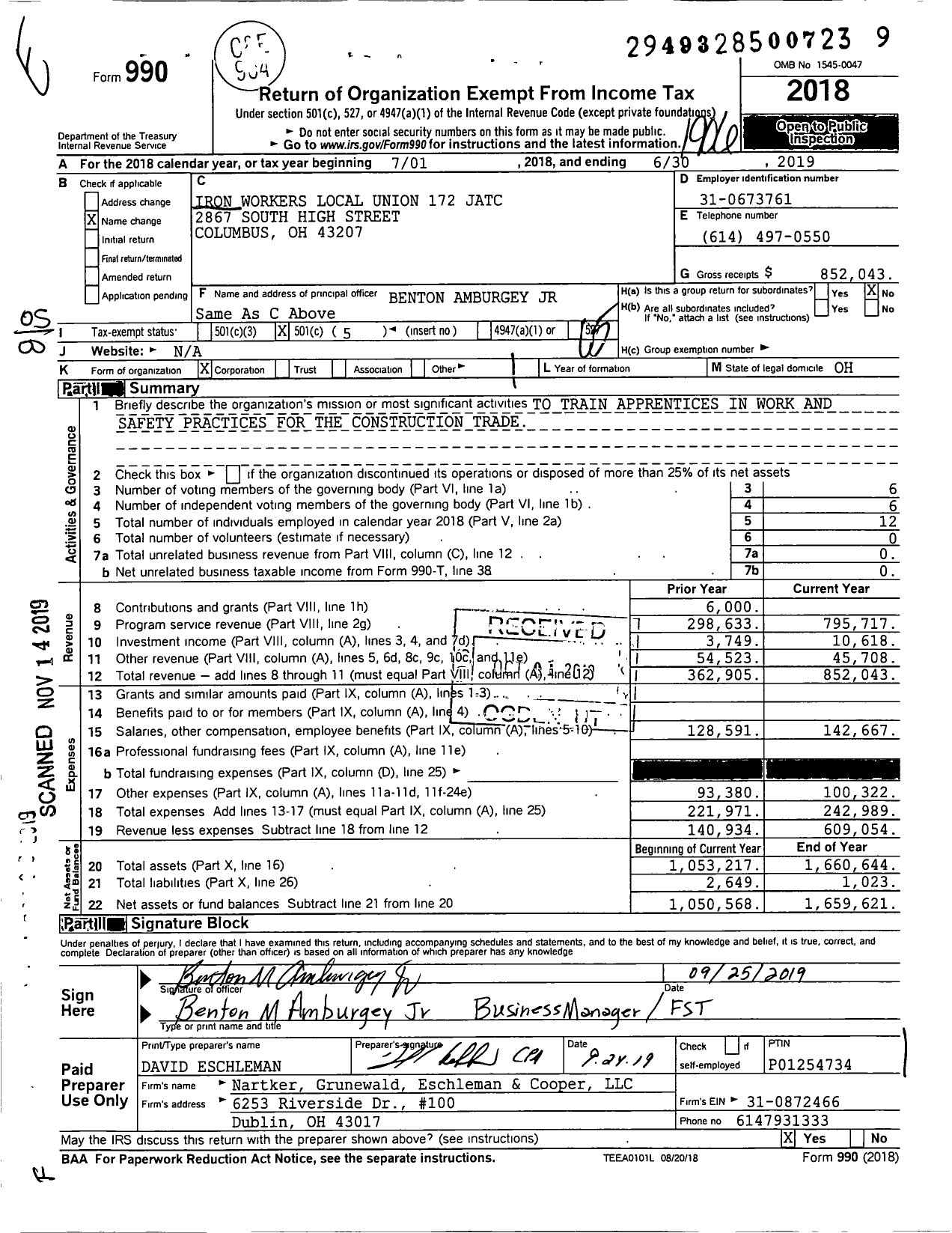 Image of first page of 2018 Form 990O for Iron Workers Local Union 172 Jatc