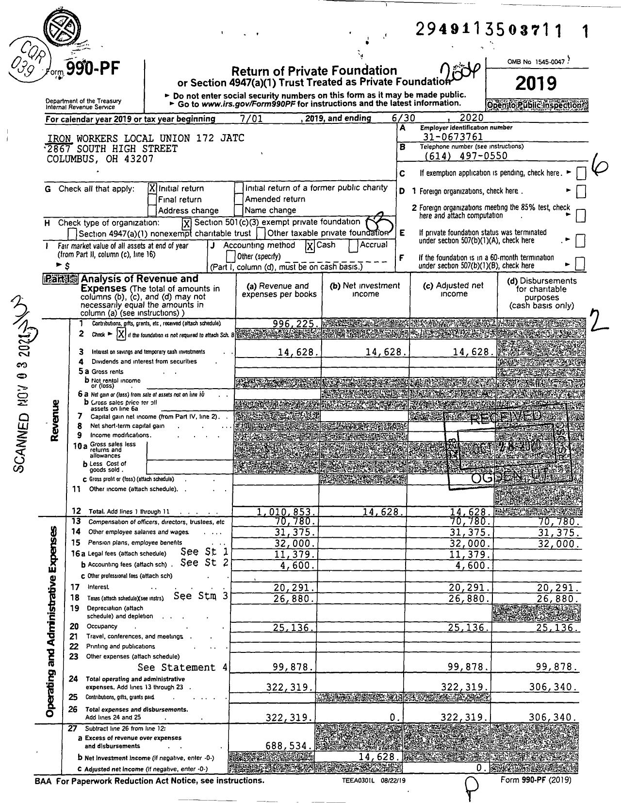 Image of first page of 2019 Form 990PF for Iron Workers Local Union 172 Jatc