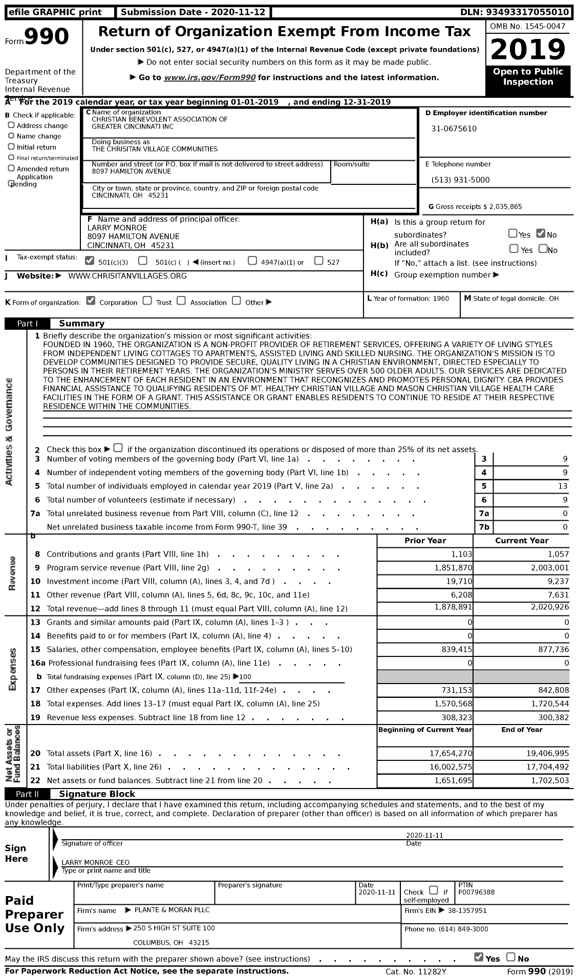 Image of first page of 2019 Form 990 for The Chrisitan Village Communities