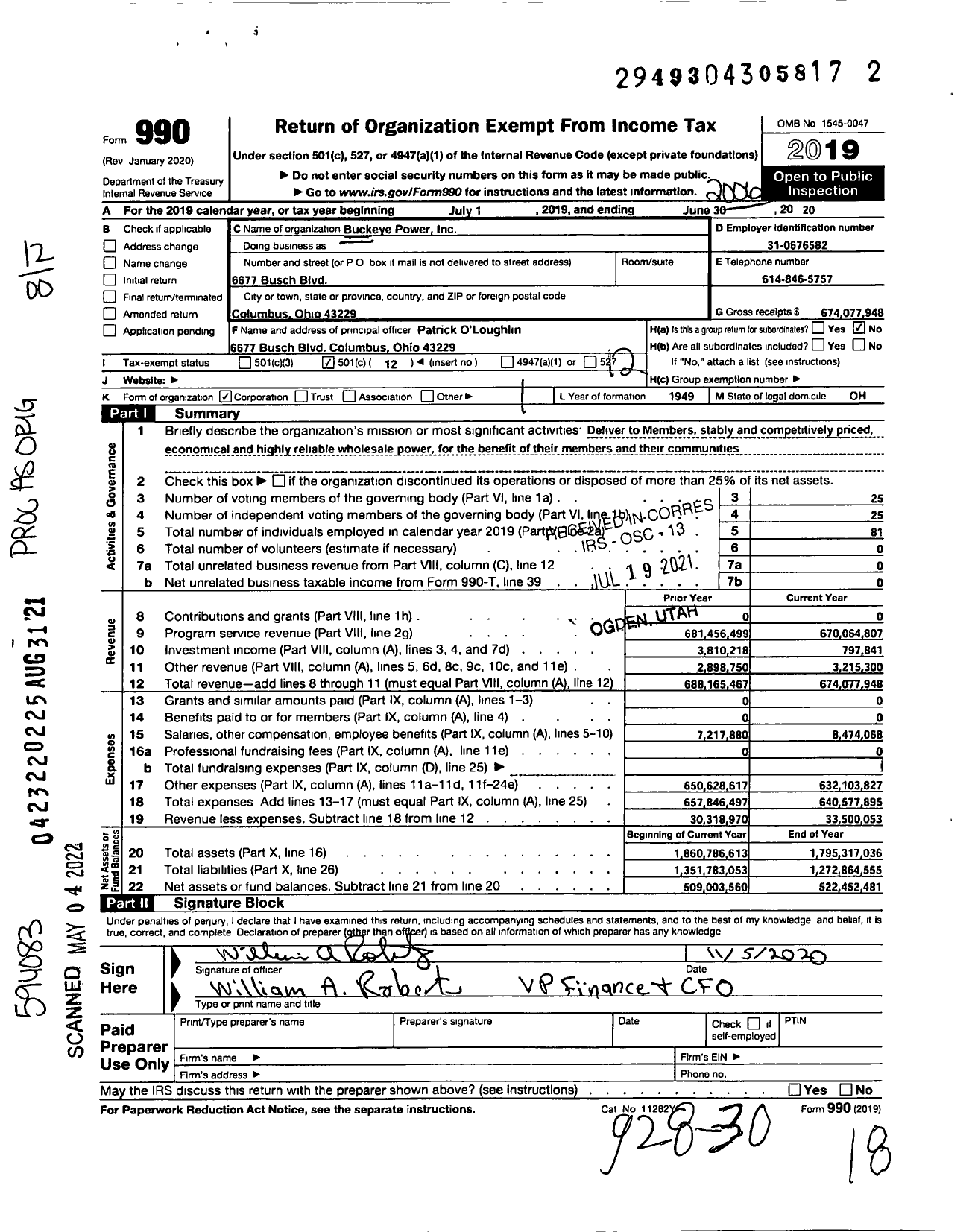 Image of first page of 2019 Form 990O for Buckeye Power