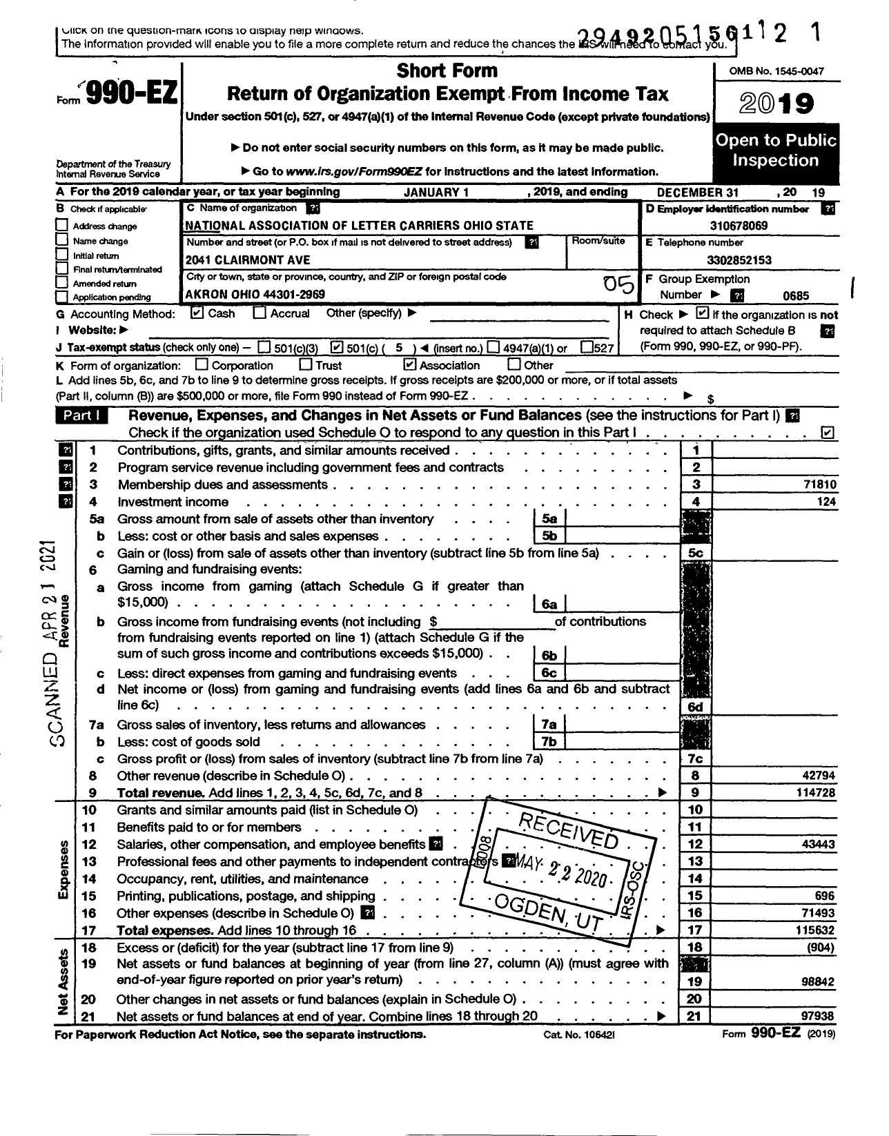 Image of first page of 2019 Form 990EO for National Association of Letter Carriers - Ohio State