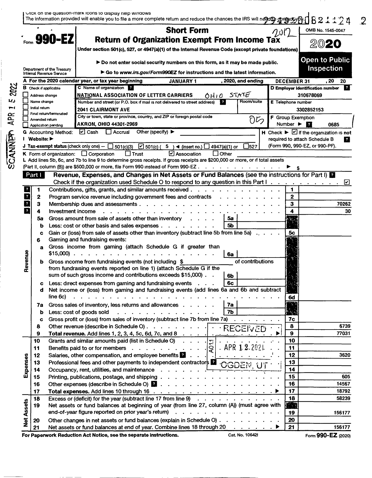 Image of first page of 2020 Form 990EO for National Association of Letter Carriers - Ohio State