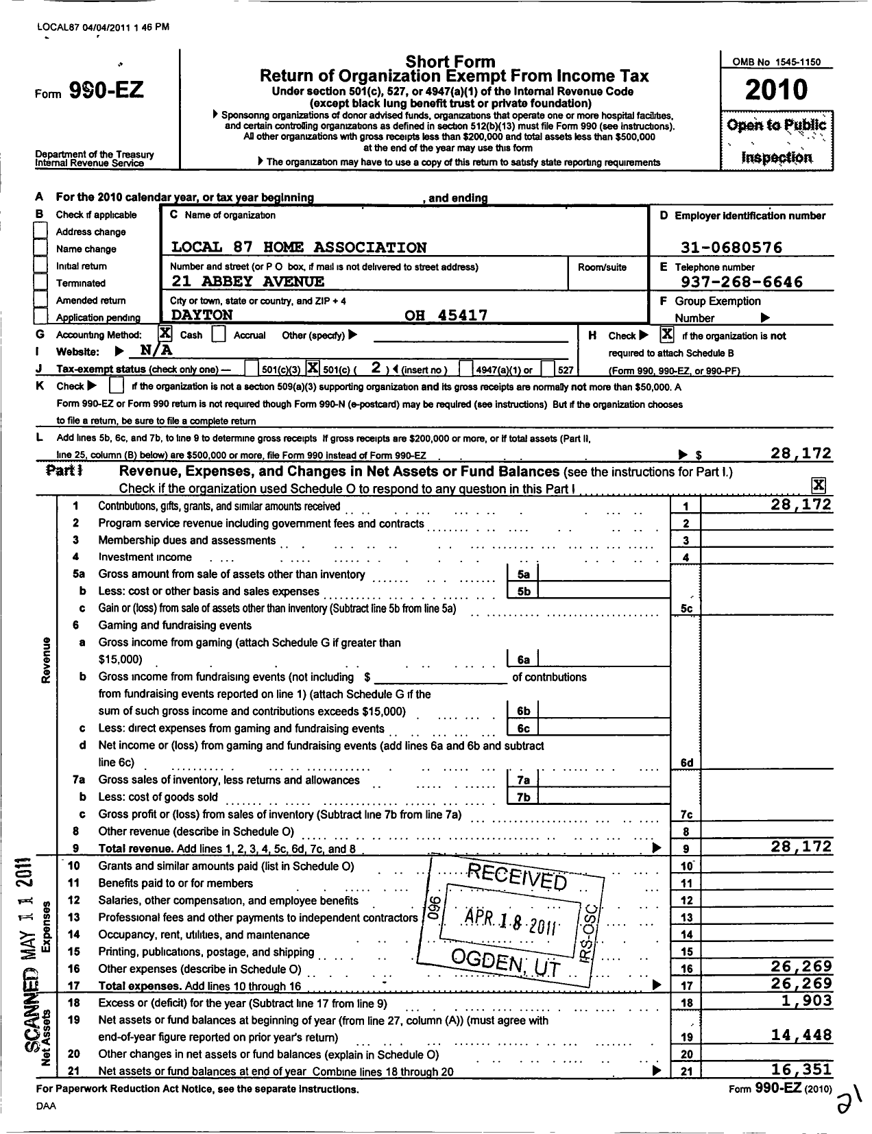 Image of first page of 2010 Form 990EO for Local 87 Home Association