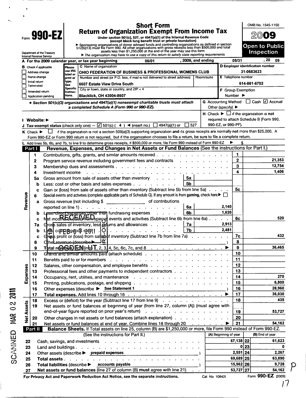 Image of first page of 2008 Form 990EO for Ohio Federation of Business and Professional Womens Clubs