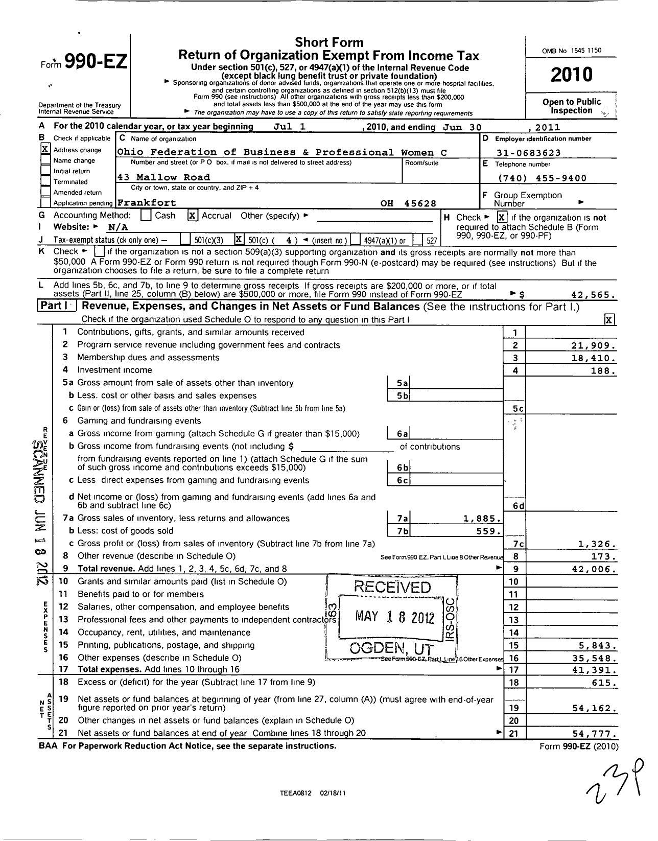 Image of first page of 2010 Form 990EO for Ohio Federation of Business and Professional Womens Clubs