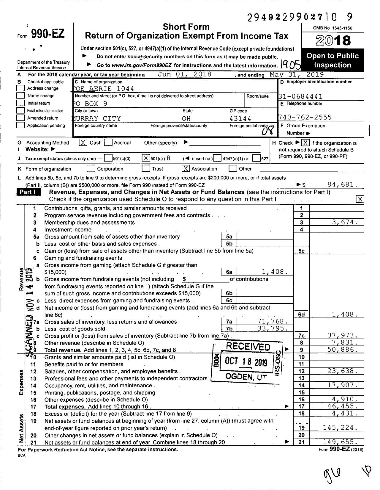 Image of first page of 2018 Form 990EO for Fraternal Order of Eagles - 1044 Aerie