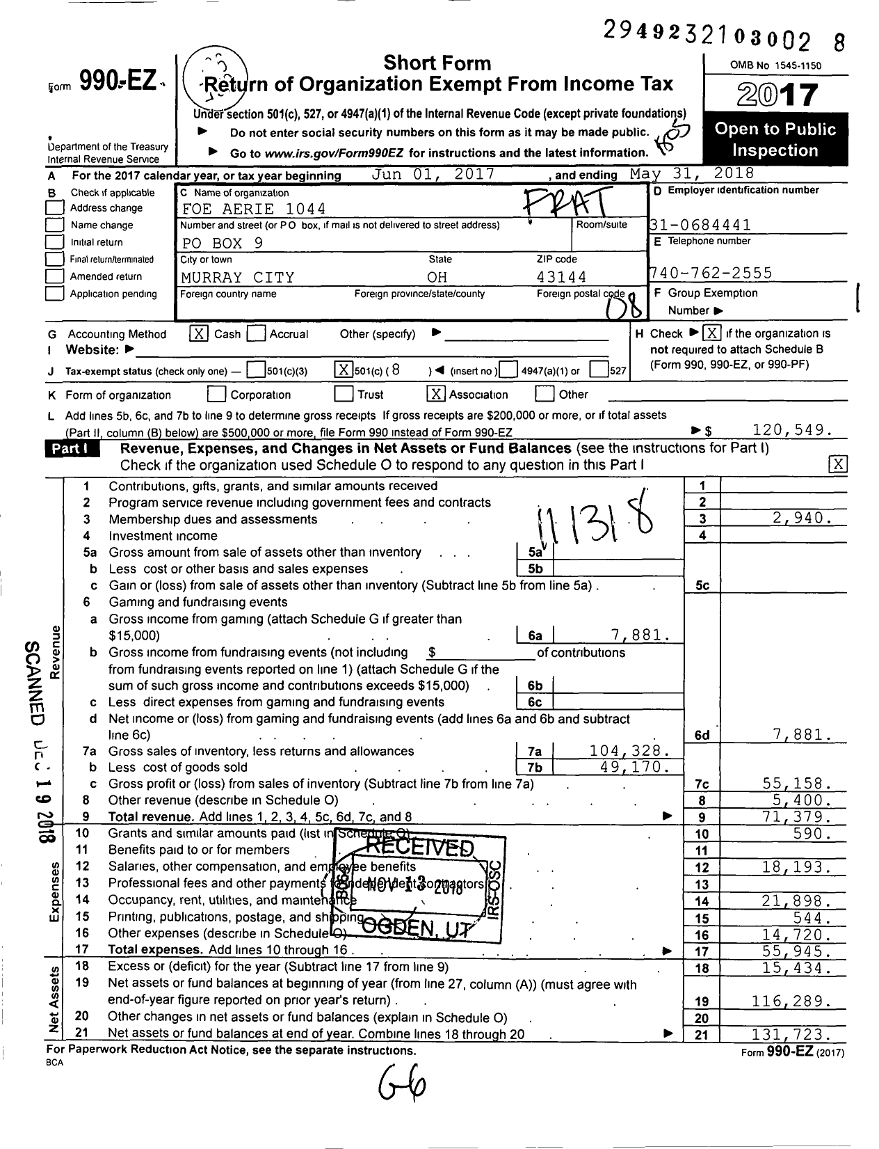 Image of first page of 2017 Form 990EO for Fraternal Order of Eagles - 1044 Aerie