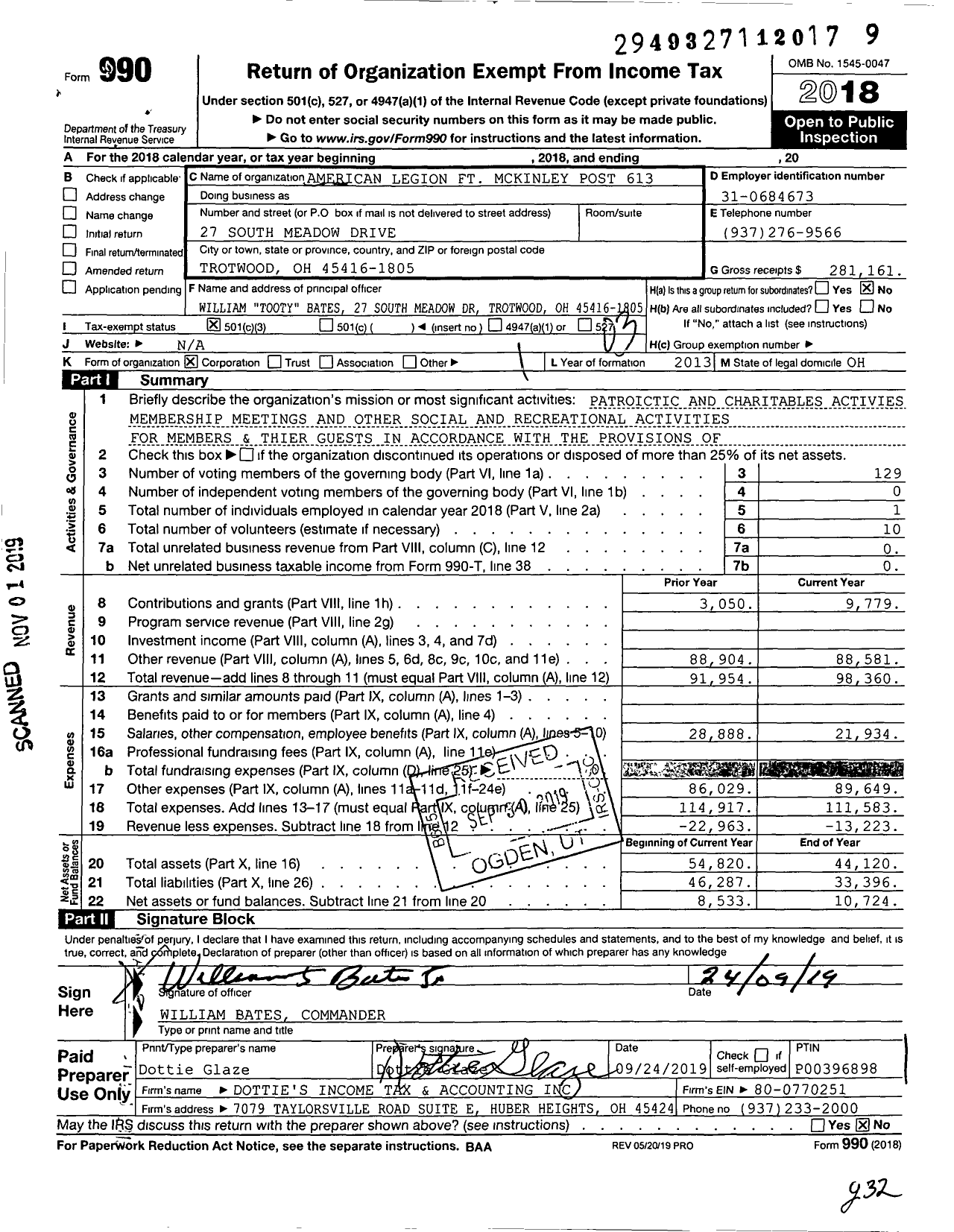 Image of first page of 2018 Form 990 for American Legion FT Mckinley Post 613