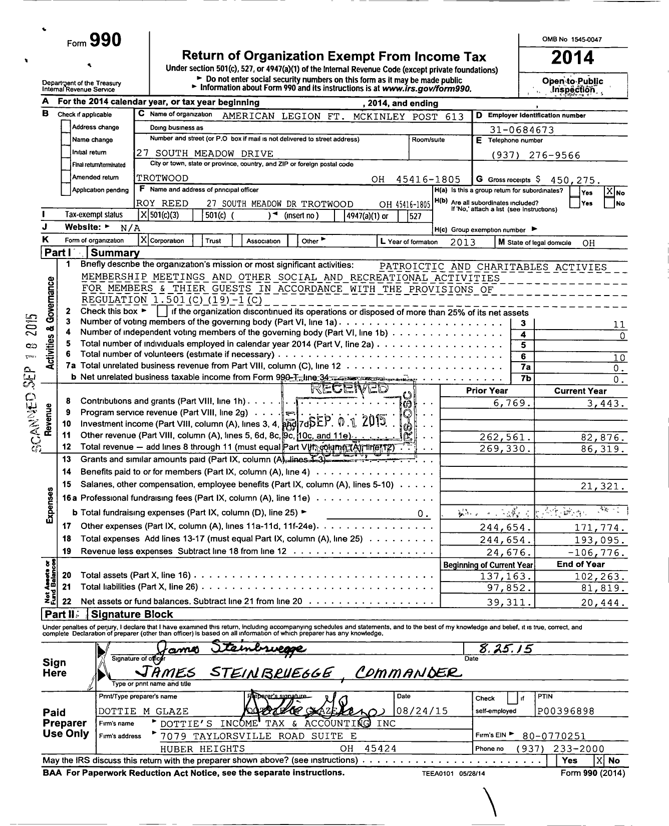 Image of first page of 2014 Form 990 for American Legion FT Mckinley Post 613