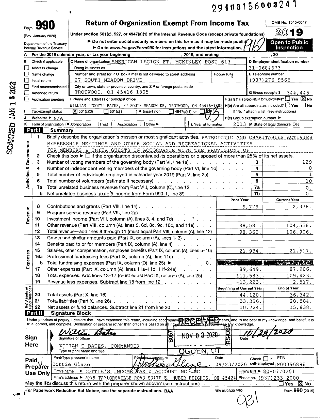 Image of first page of 2019 Form 990 for American Legion FT Mckinley Post 613