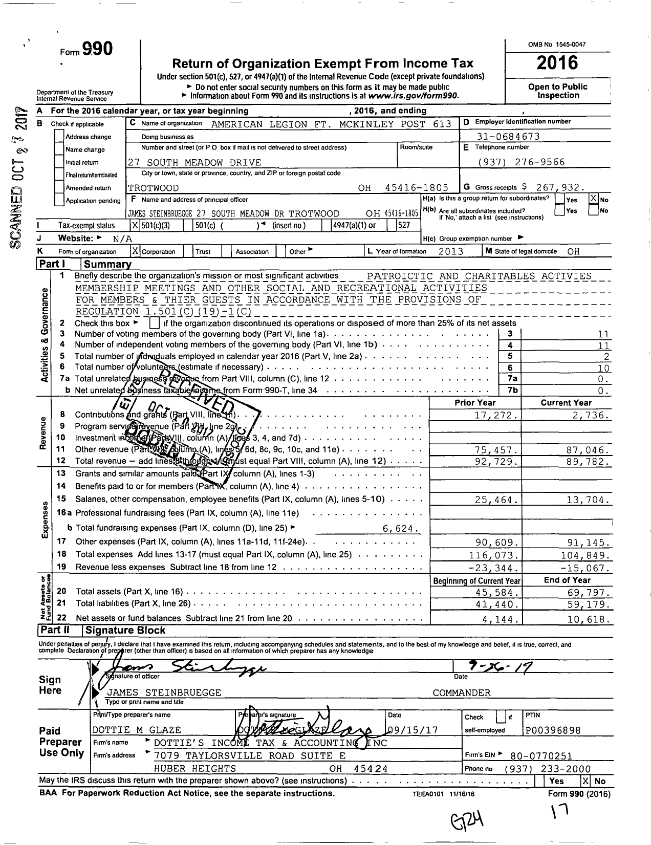 Image of first page of 2016 Form 990 for American Legion FT Mckinley Post 613