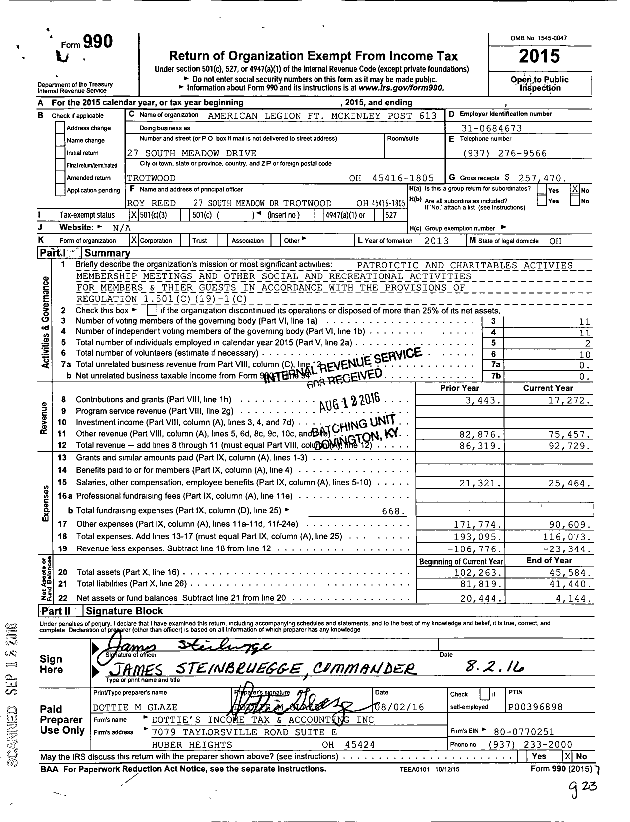 Image of first page of 2015 Form 990 for American Legion FT Mckinley Post 613