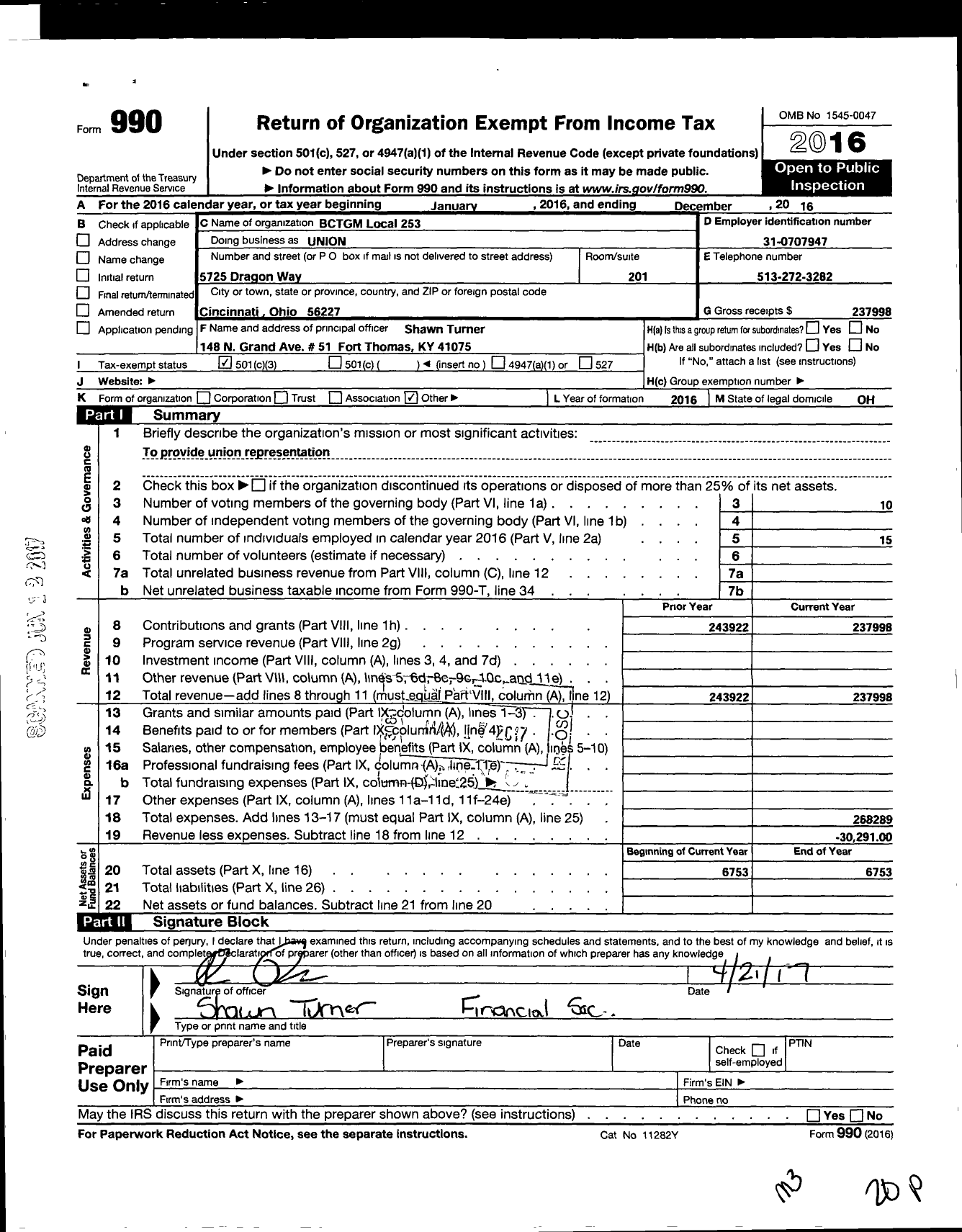 Image of first page of 2016 Form 990 for BCTGM International Union - 253