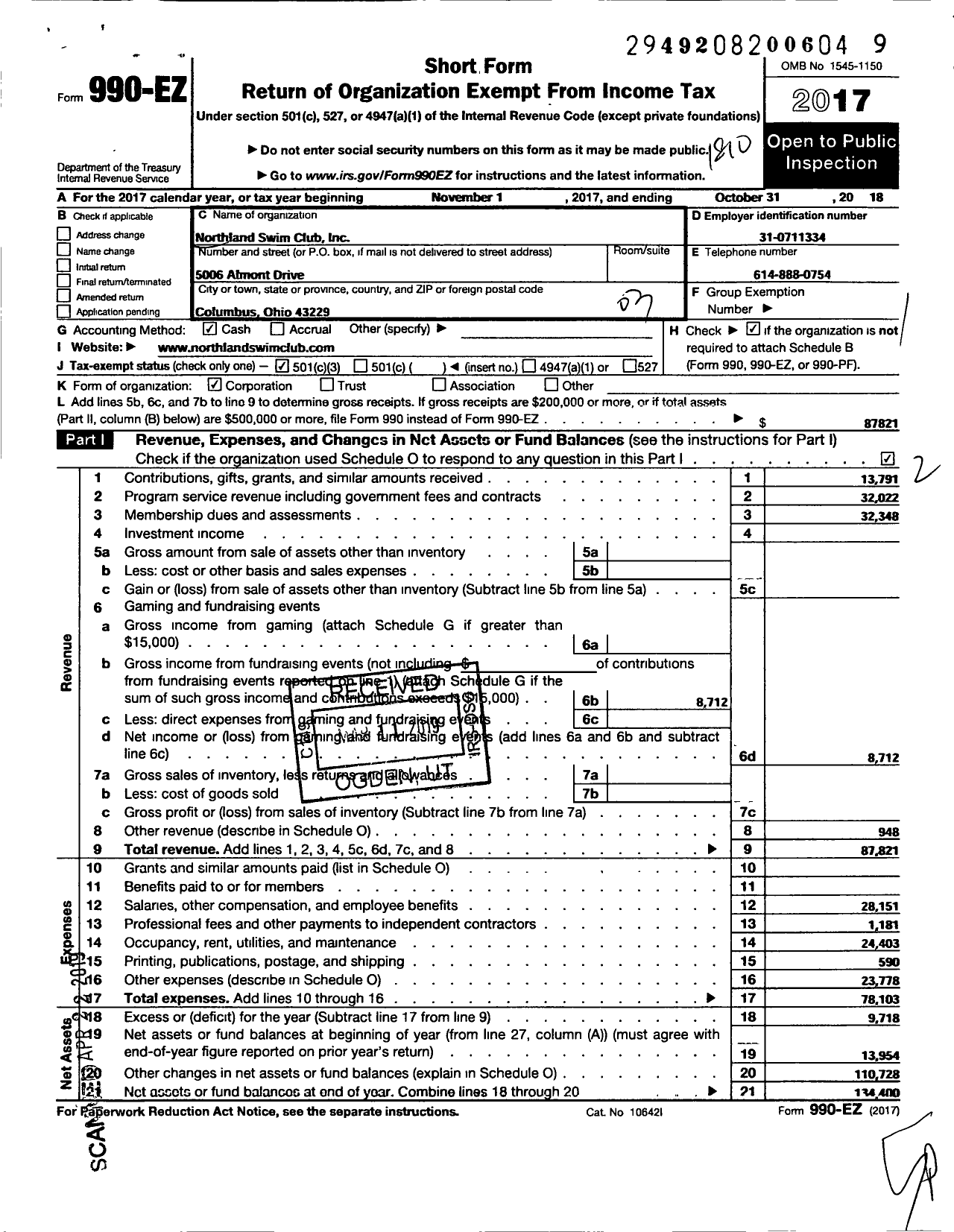 Image of first page of 2017 Form 990EZ for Northland Swim Club