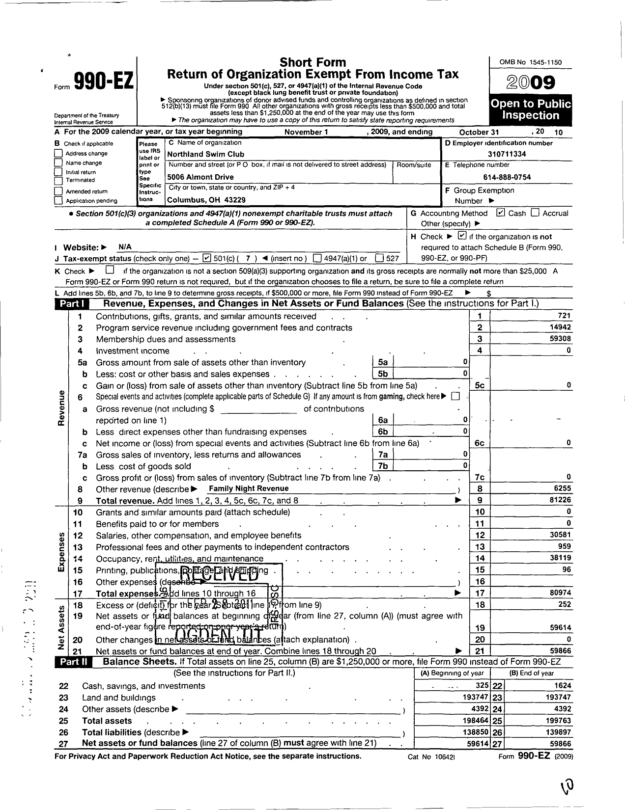 Image of first page of 2009 Form 990EO for Northland Swim Club