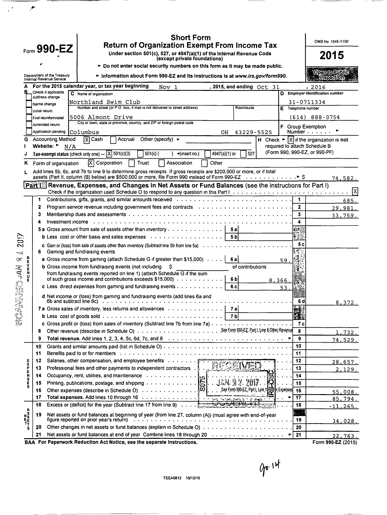 Image of first page of 2015 Form 990EZ for Northland Swim Club