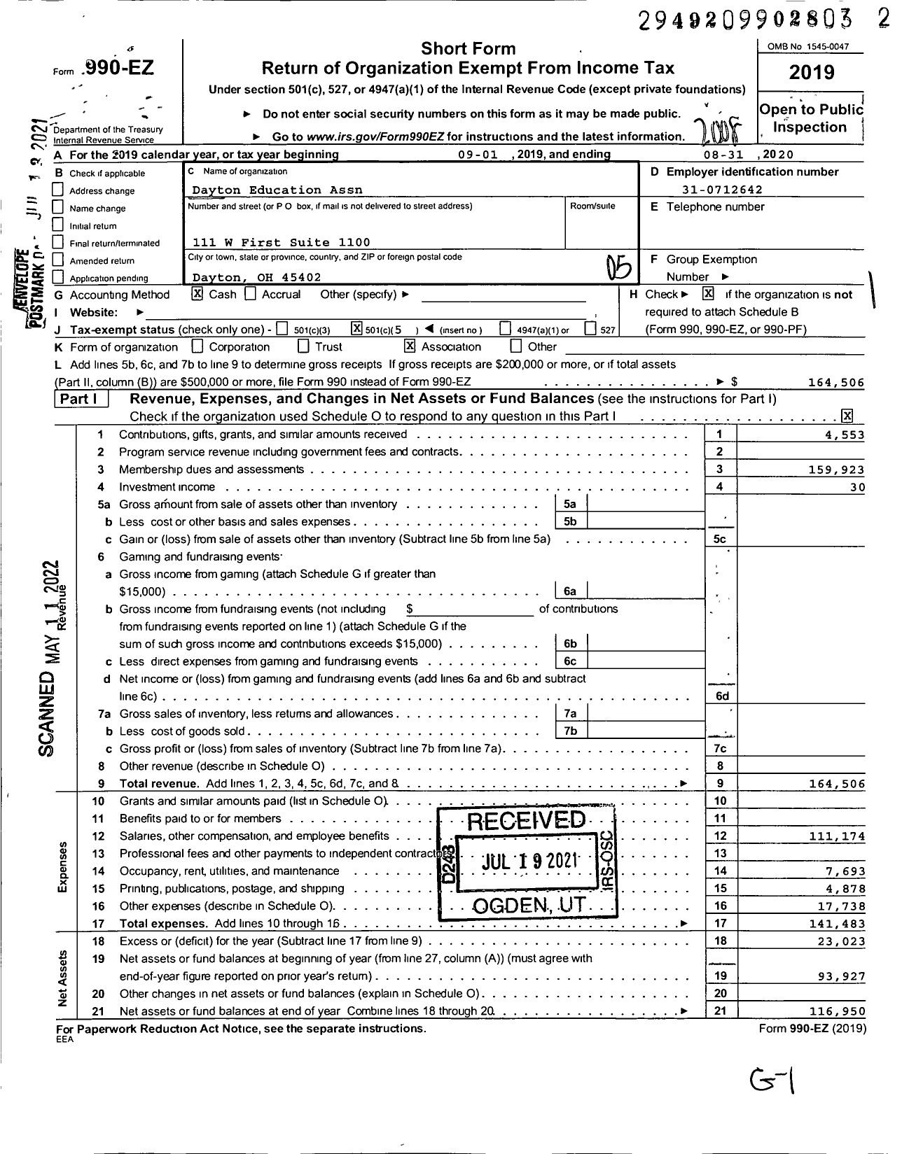 Image of first page of 2019 Form 990EO for Dayton Education Assn