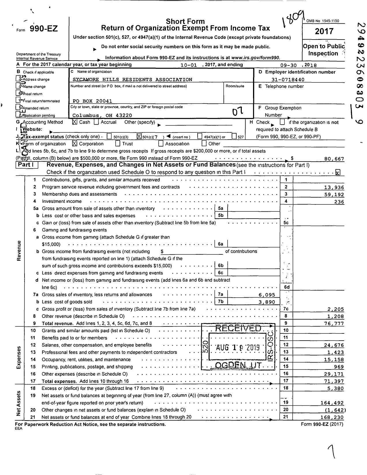 Image of first page of 2017 Form 990EO for Sycamore Hills Residents Association