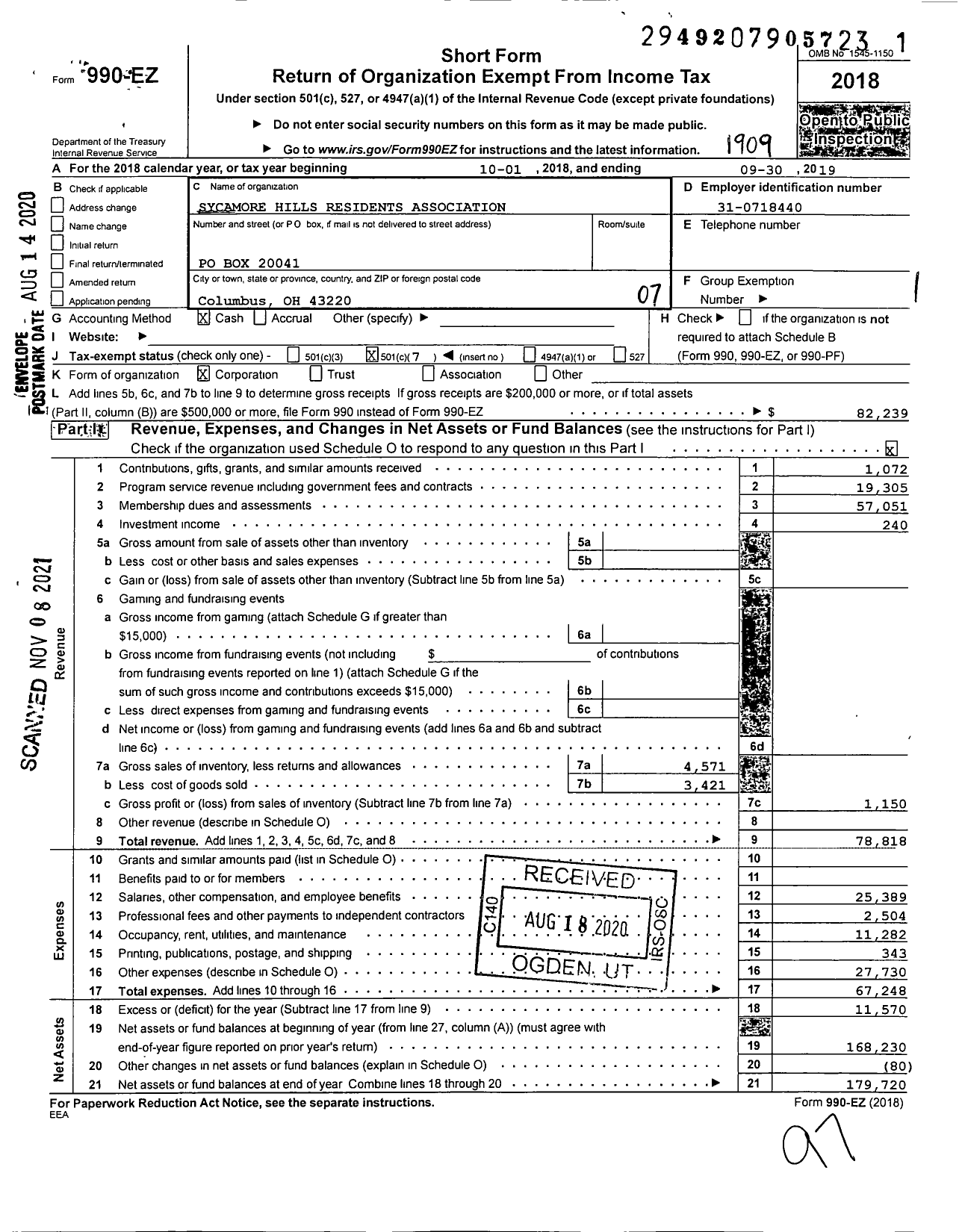 Image of first page of 2018 Form 990EO for Sycamore Hills Residents Association