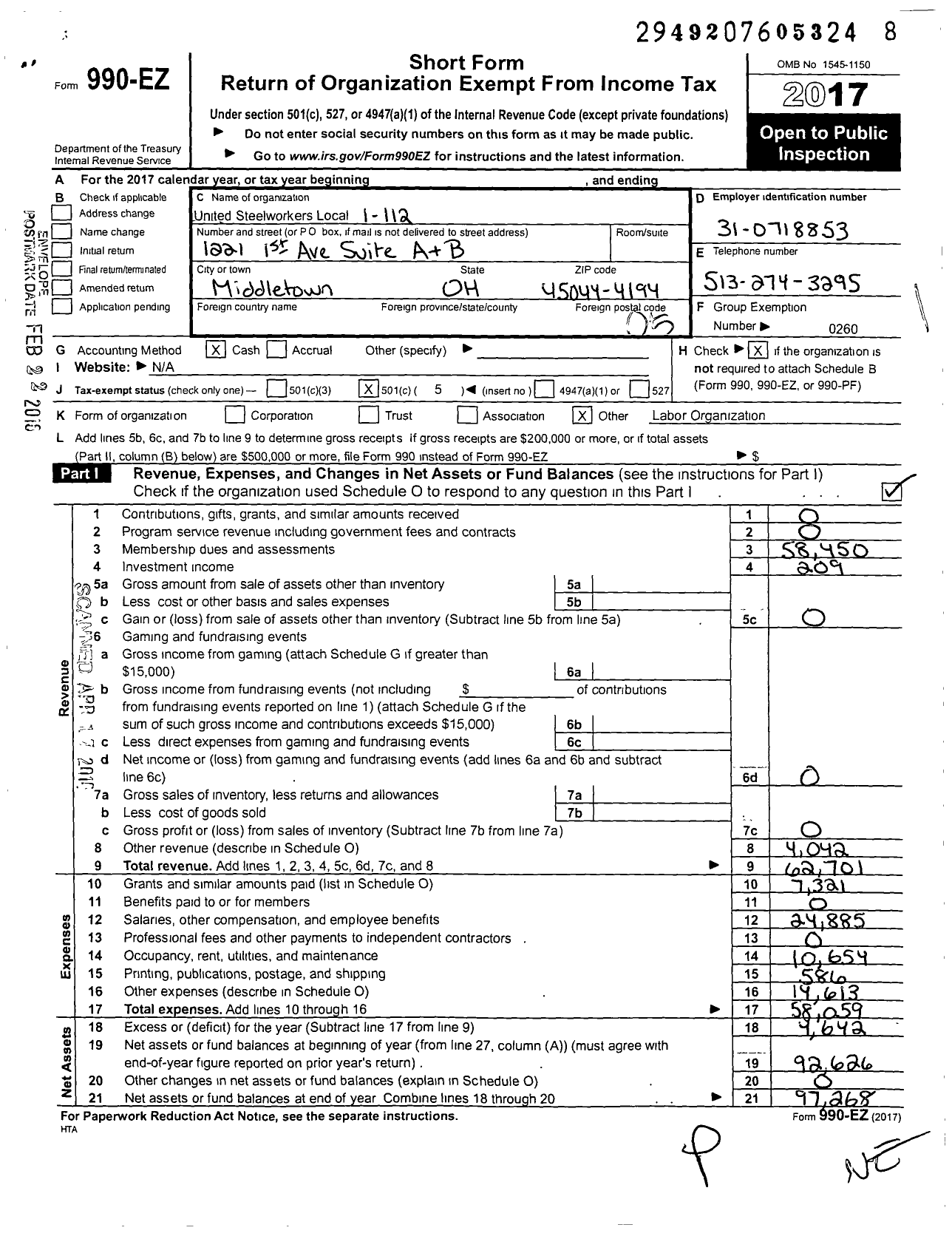 Image of first page of 2017 Form 990EO for United Steelworkers - 1-00112 Local