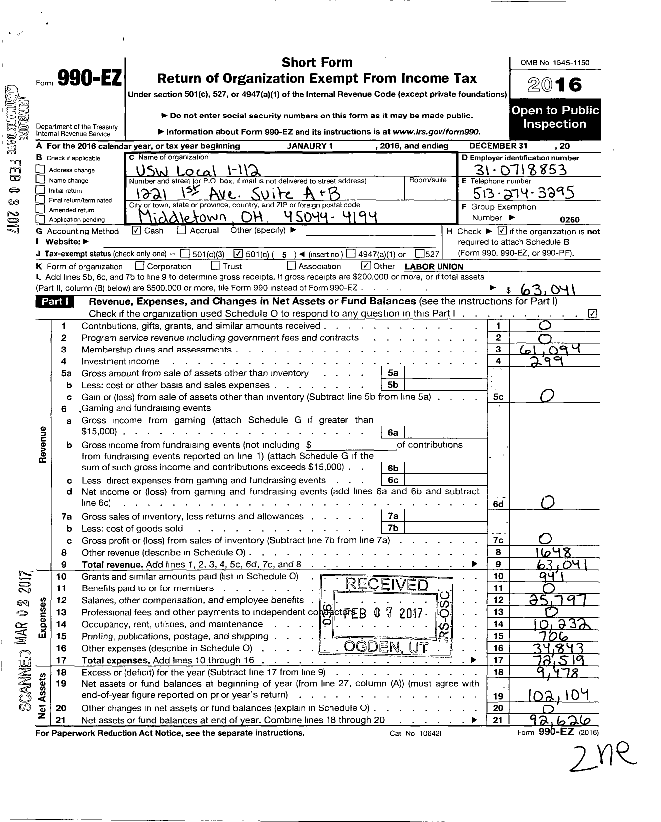 Image of first page of 2016 Form 990EO for United Steelworkers - 1-00112 Local