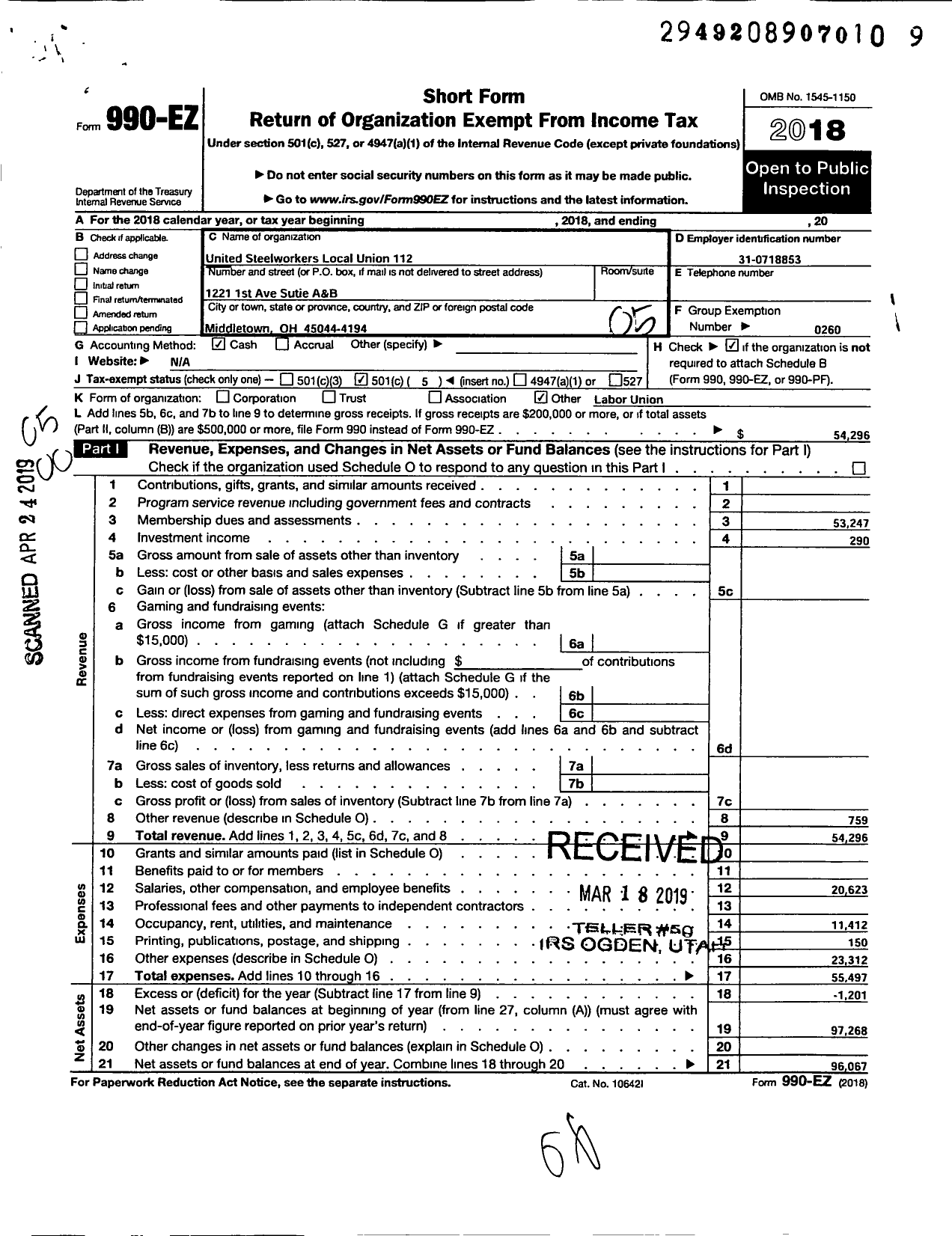 Image of first page of 2018 Form 990EO for United Steelworkers - 1-00112 Local
