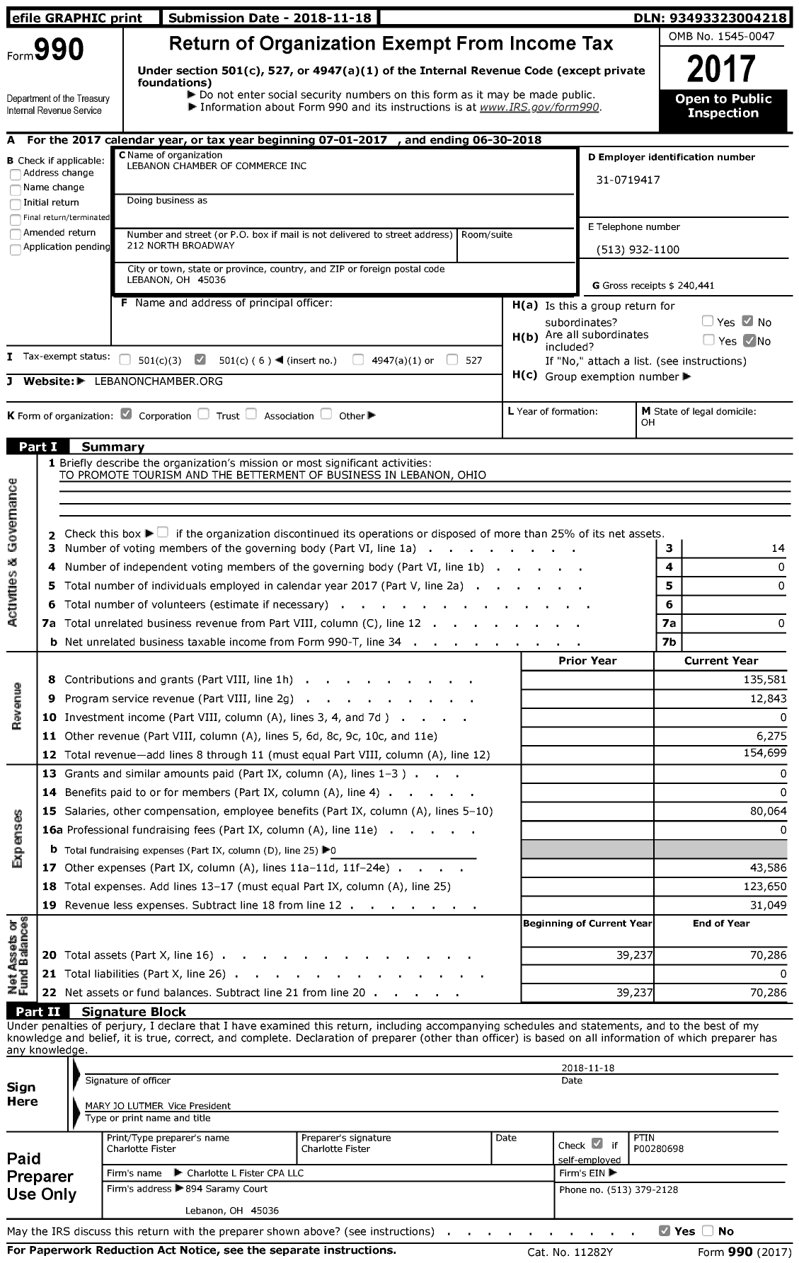 Image of first page of 2017 Form 990 for Lebanon Chamber of Commerce