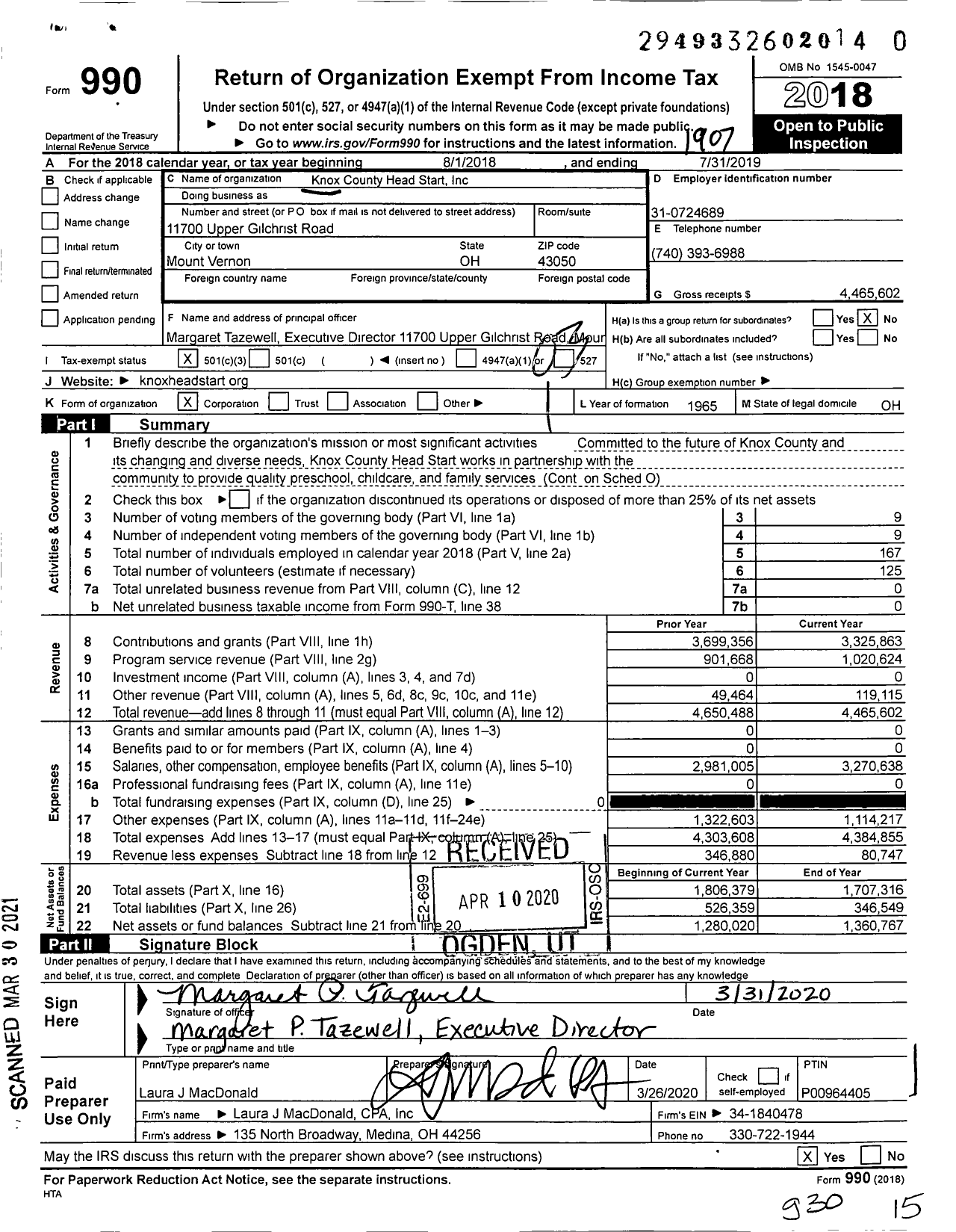 Image of first page of 2018 Form 990 for Knox County Head Start