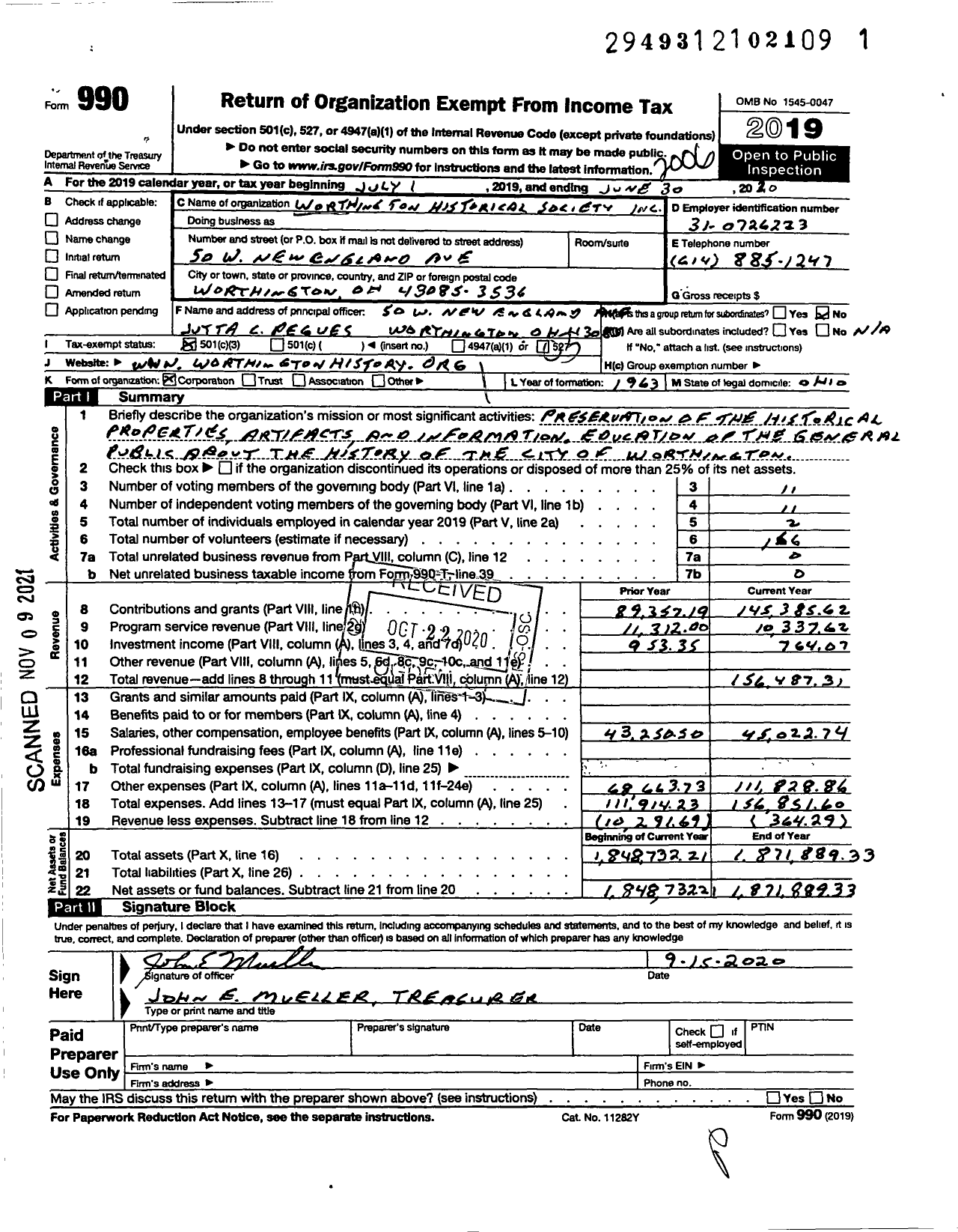 Image of first page of 2019 Form 990 for Worthington Historical Society