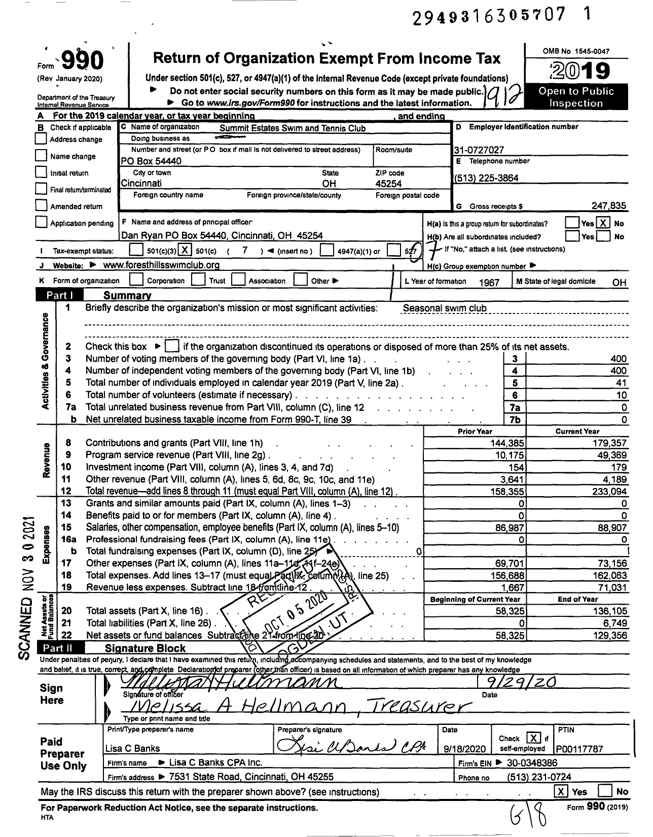 Image of first page of 2019 Form 990O for Summit Estates Swim and Tennis Club