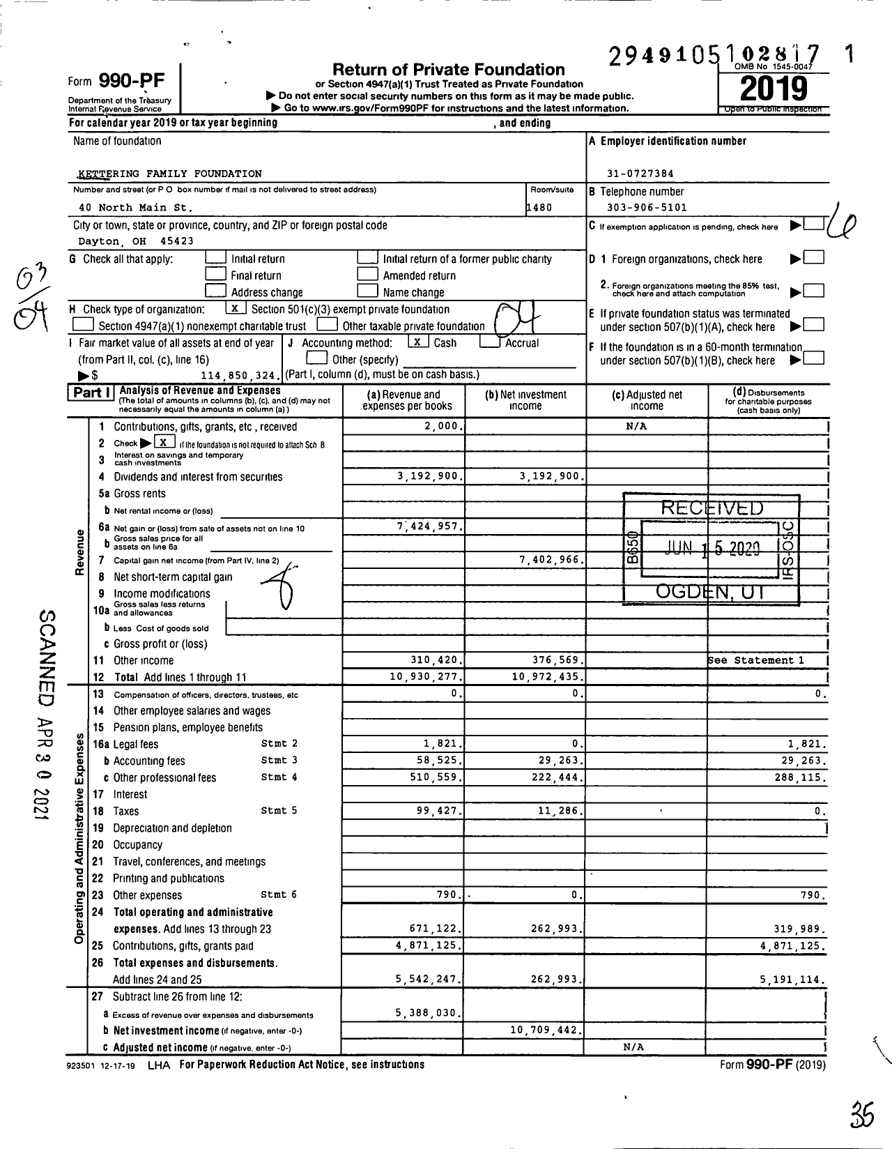 Image of first page of 2019 Form 990PF for Kettering Family Foundation