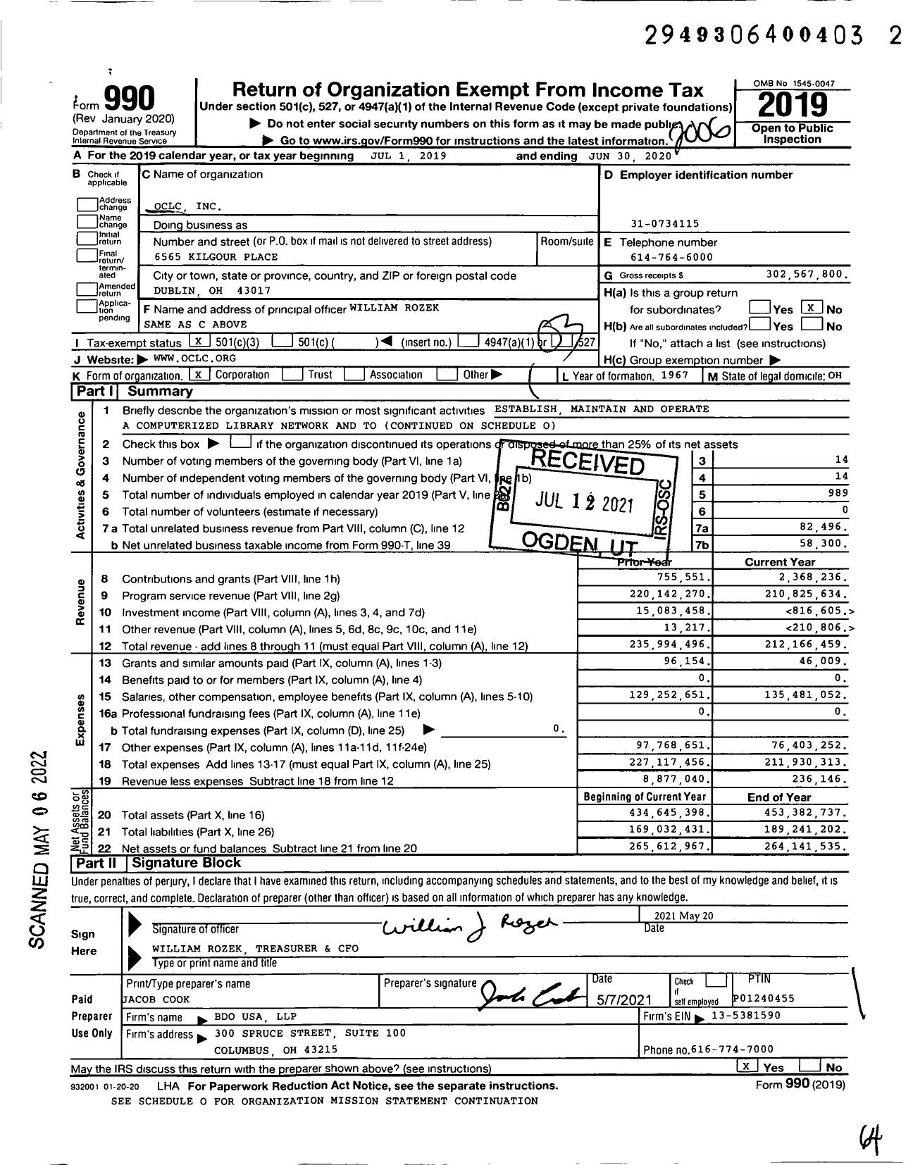 Image of first page of 2019 Form 990 for Online Computer Library Center (OCLC)