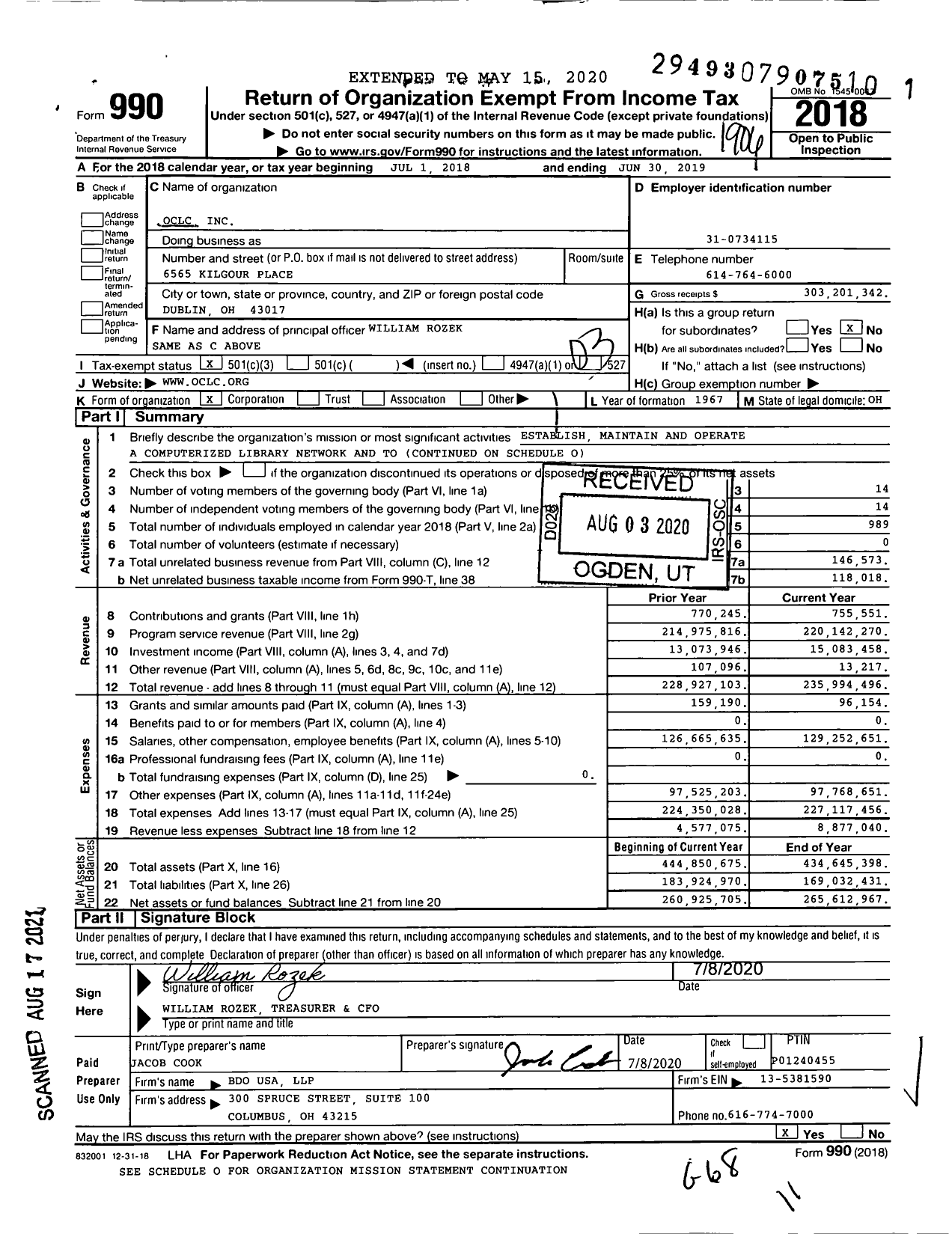 Image of first page of 2018 Form 990 for Online Computer Library Center (OCLC)