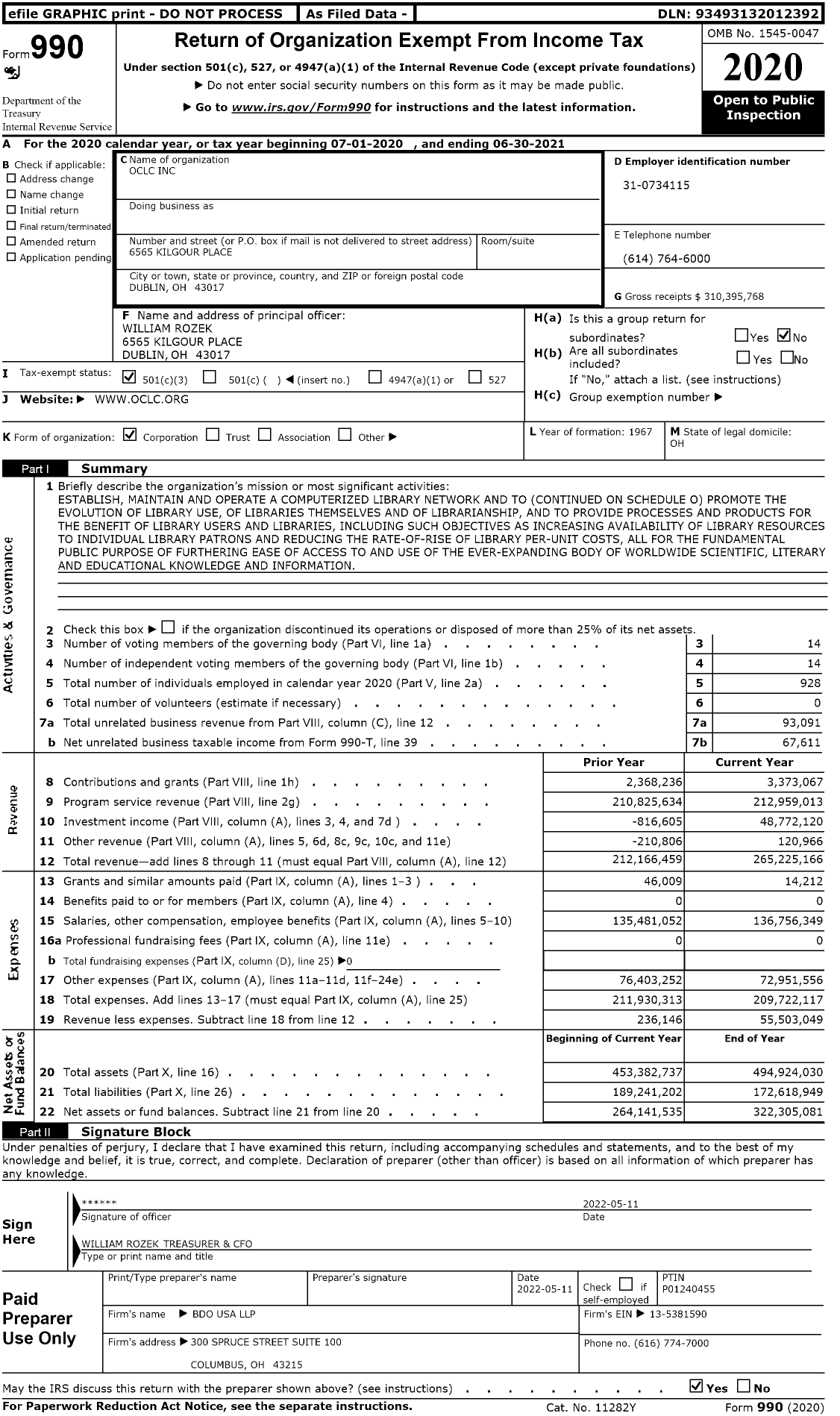 Image of first page of 2020 Form 990 for Online Computer Library Center (OCLC)