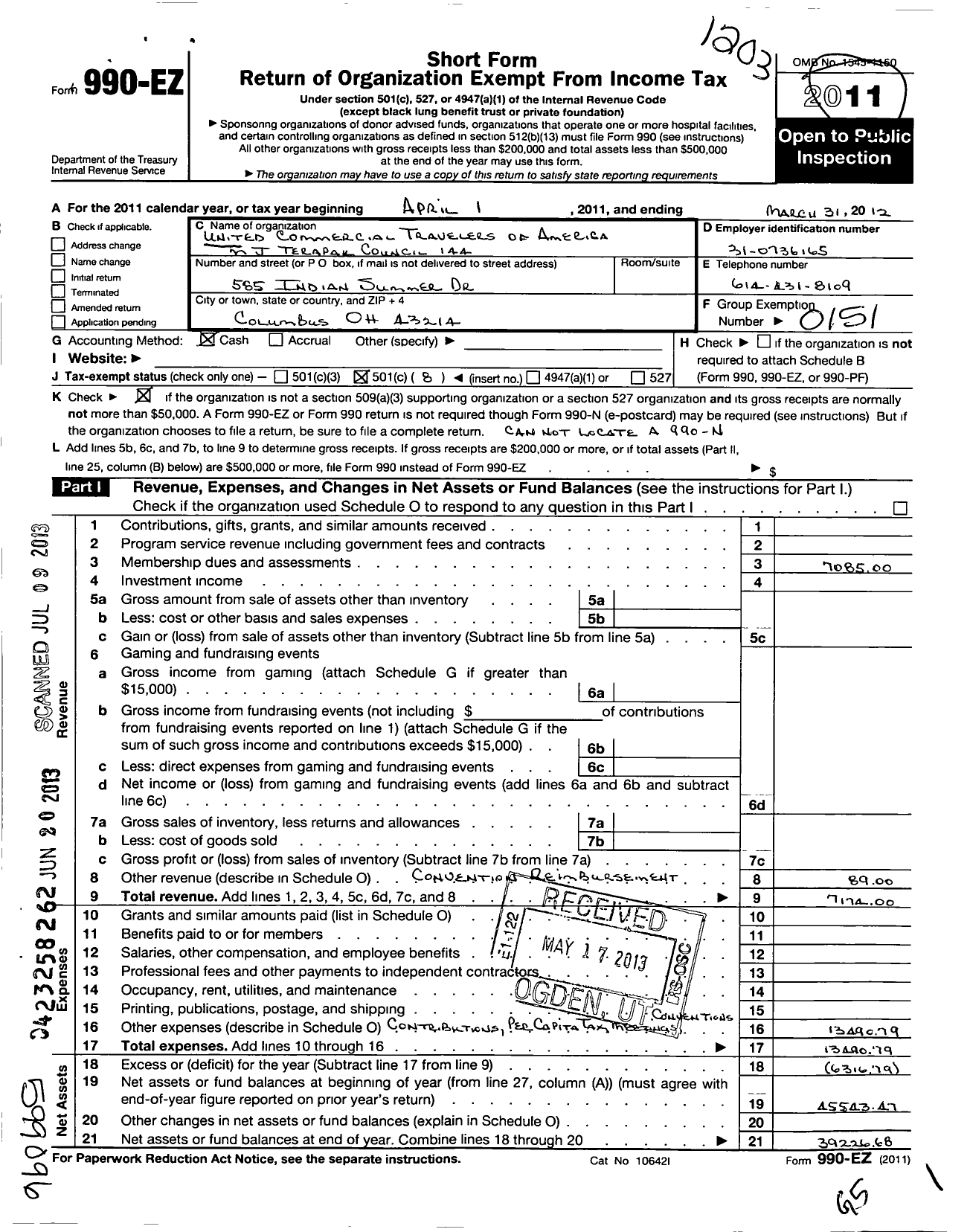 Image of first page of 2011 Form 990EO for United Commercial Travelers of America - 144 M J Terapak Council