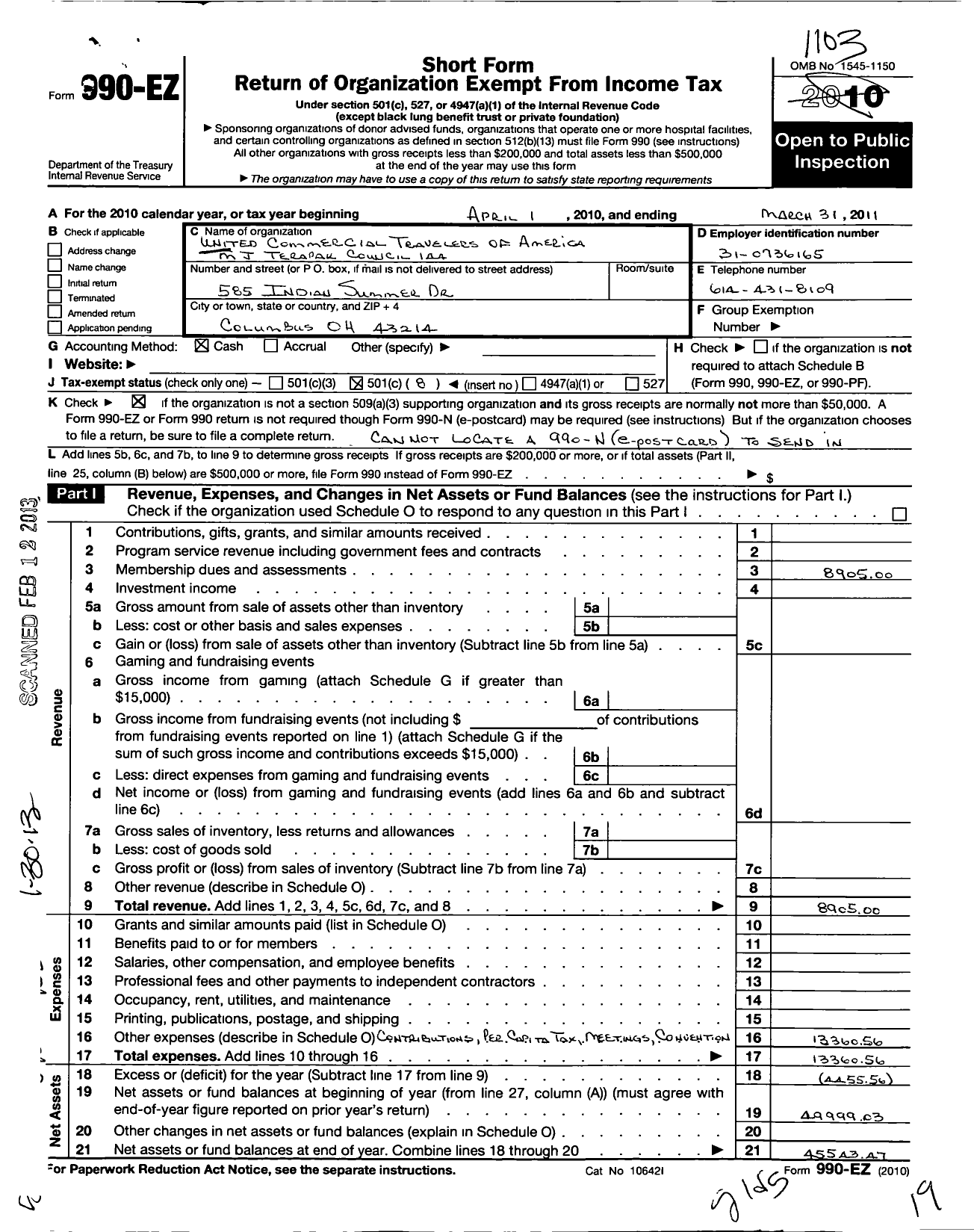 Image of first page of 2010 Form 990EO for United Commercial Travelers of America - 144 M J Terapak Council