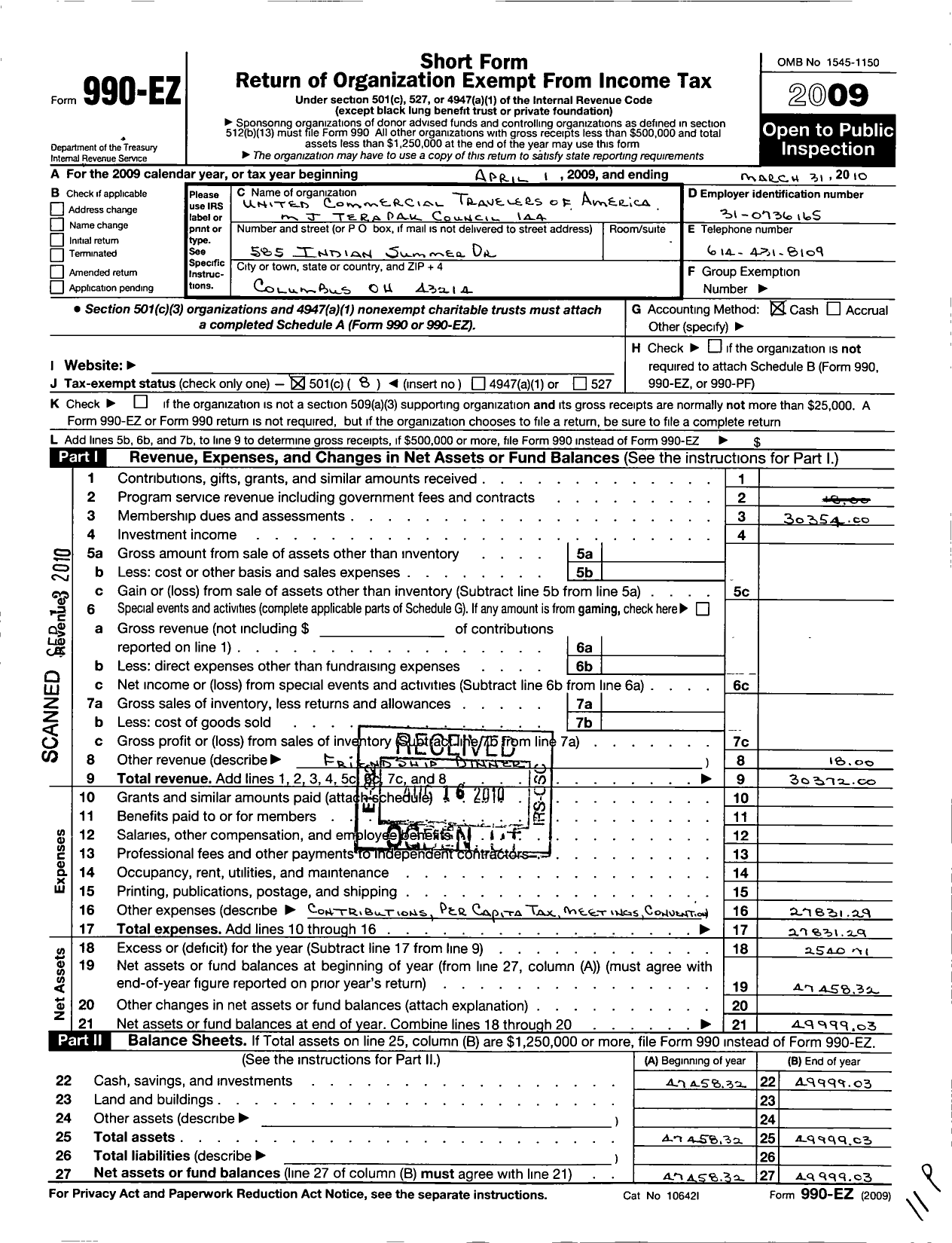 Image of first page of 2009 Form 990EO for United Commercial Travelers of America - 144 M J Terapak Council