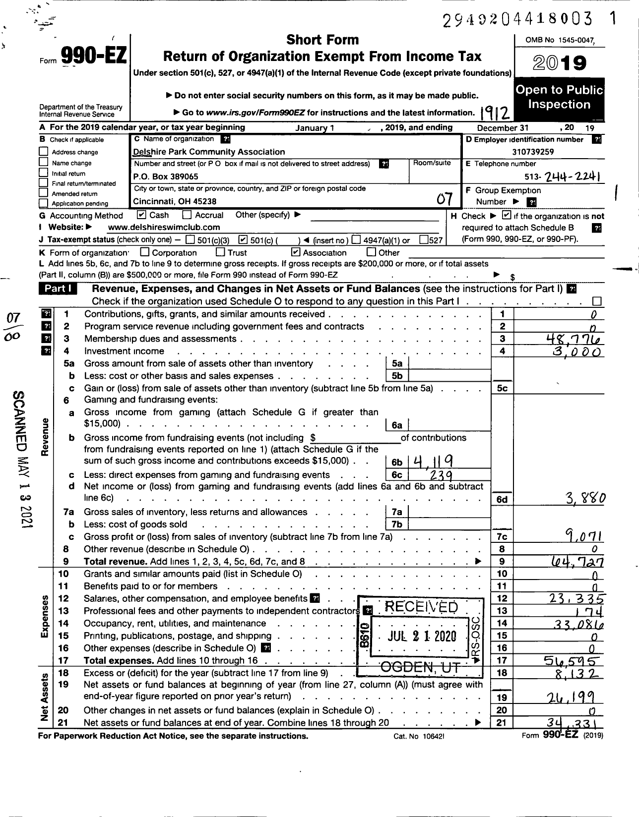 Image of first page of 2019 Form 990EO for Delshire Park Community Association