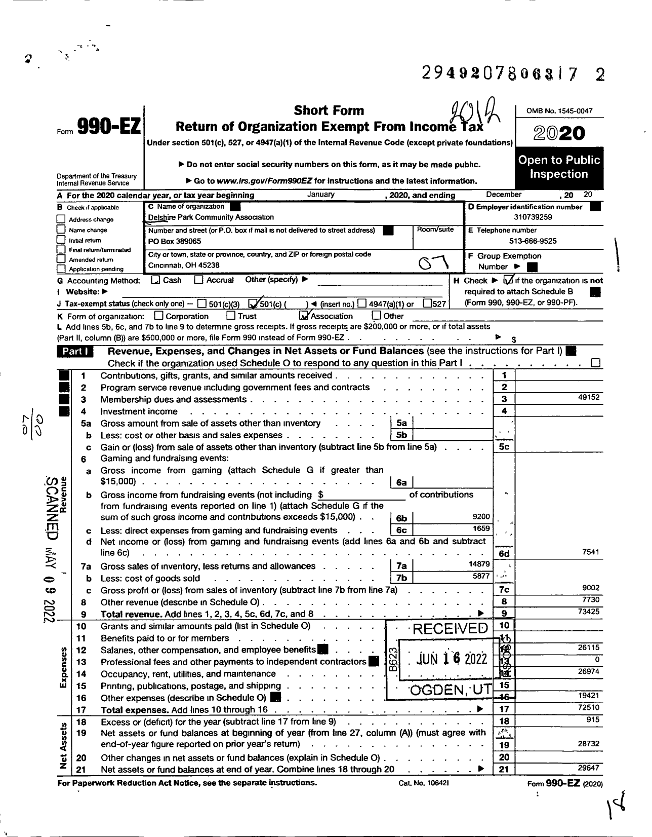 Image of first page of 2020 Form 990EO for Delshire Park Community Association